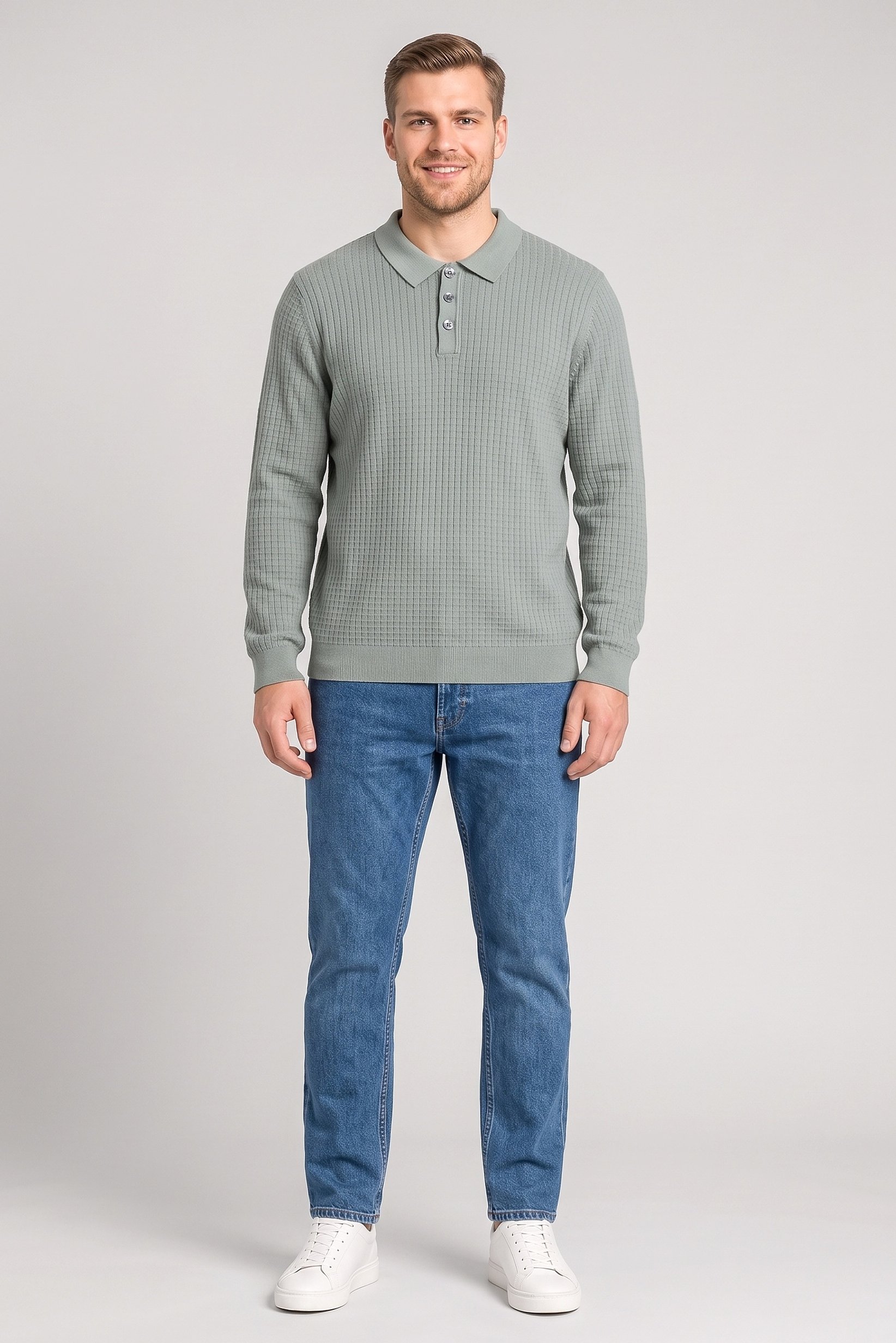Men Regular Fit Textured Long Sleeve Polo Shirt, Sage Green