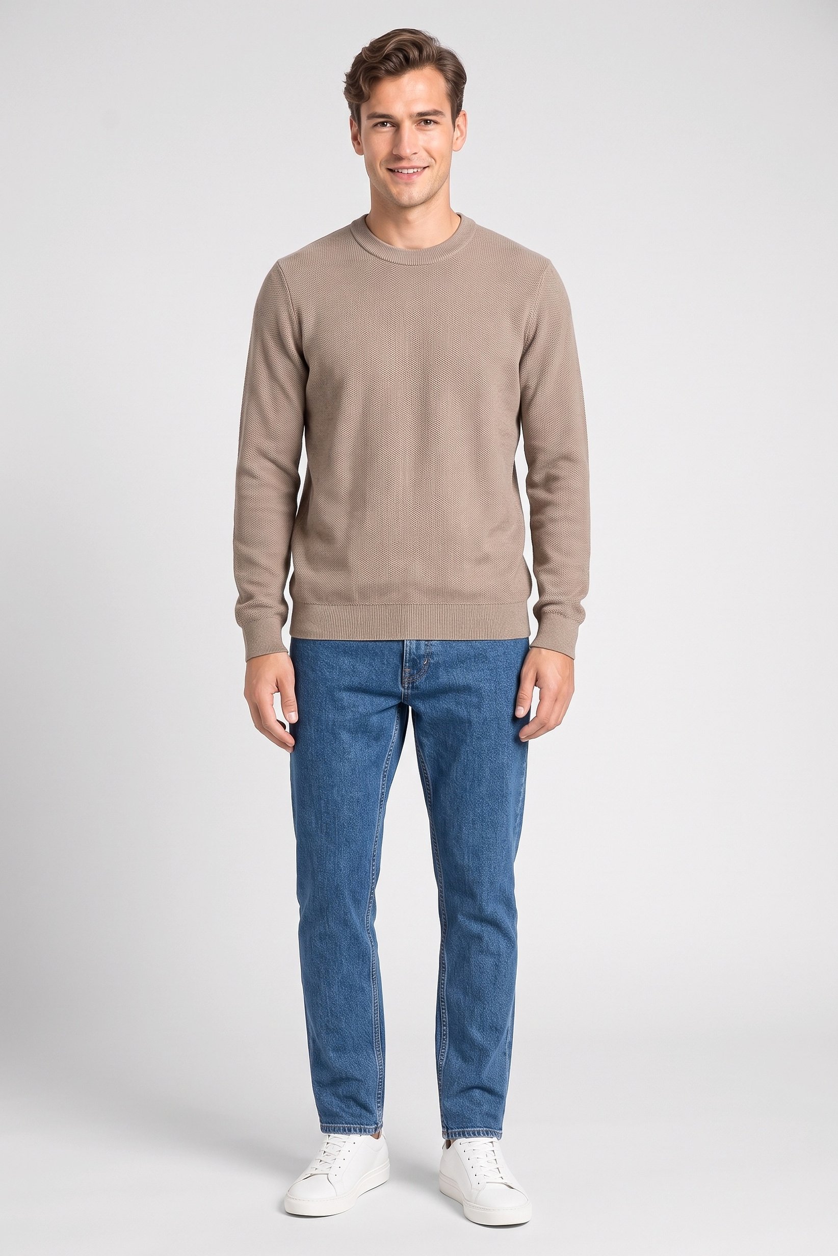 Men Crew Neck Knitted Sweater, Light Brown