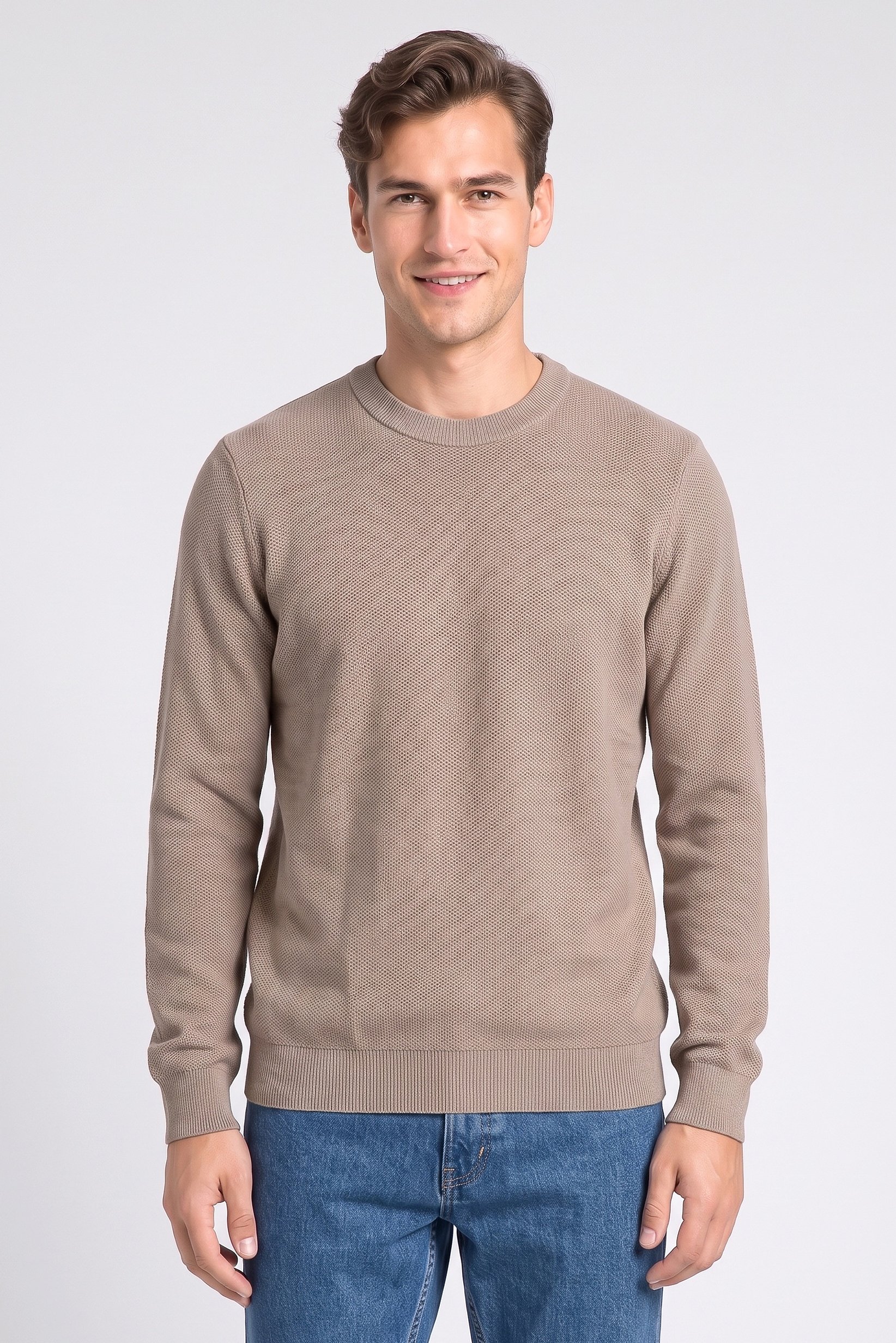Men Crew Neck Knitted Sweater, Light Brown