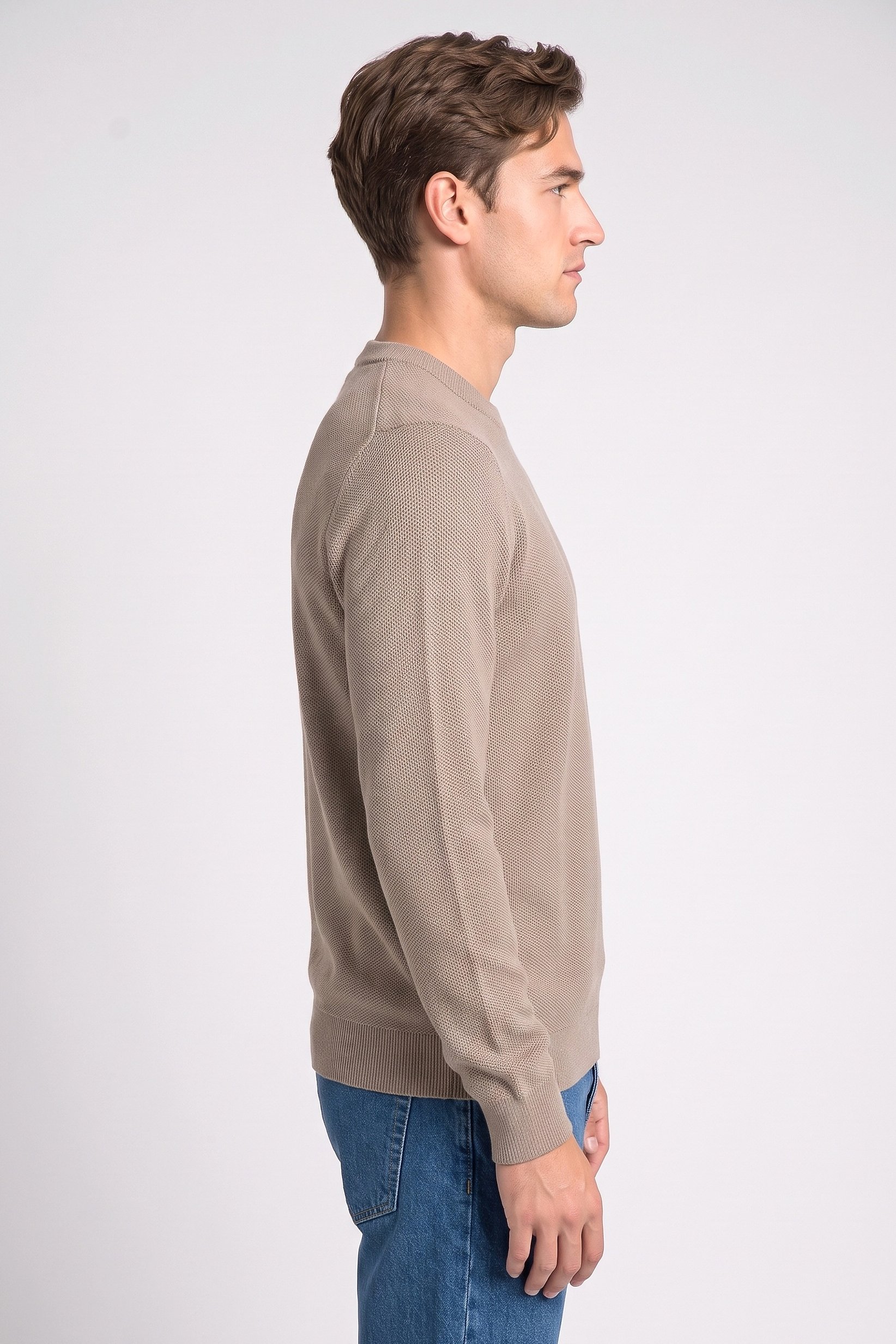 Men Crew Neck Knitted Sweater, Light Brown