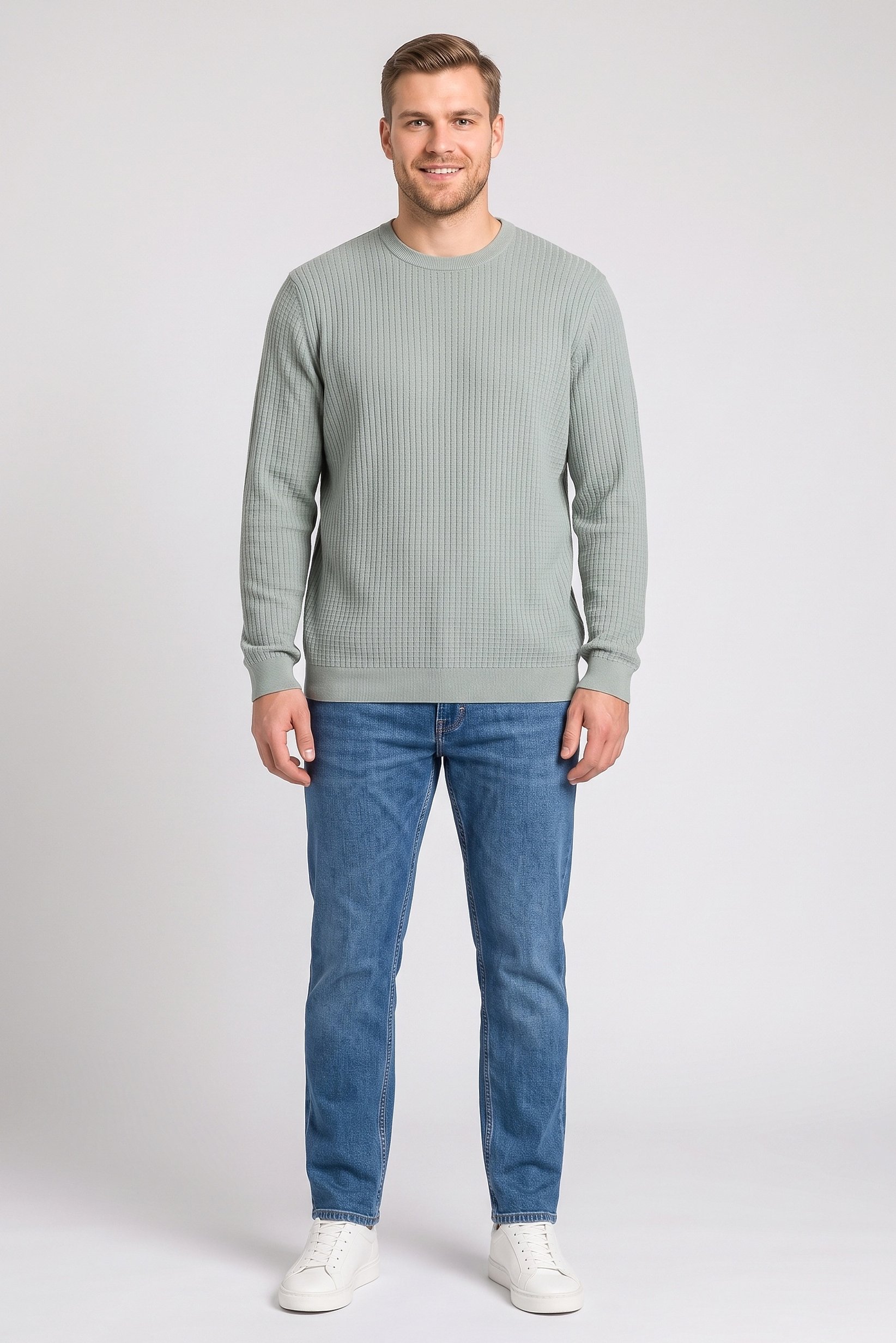 Men Crew Neck Long Sleeve Textured Sweater, Sage Green