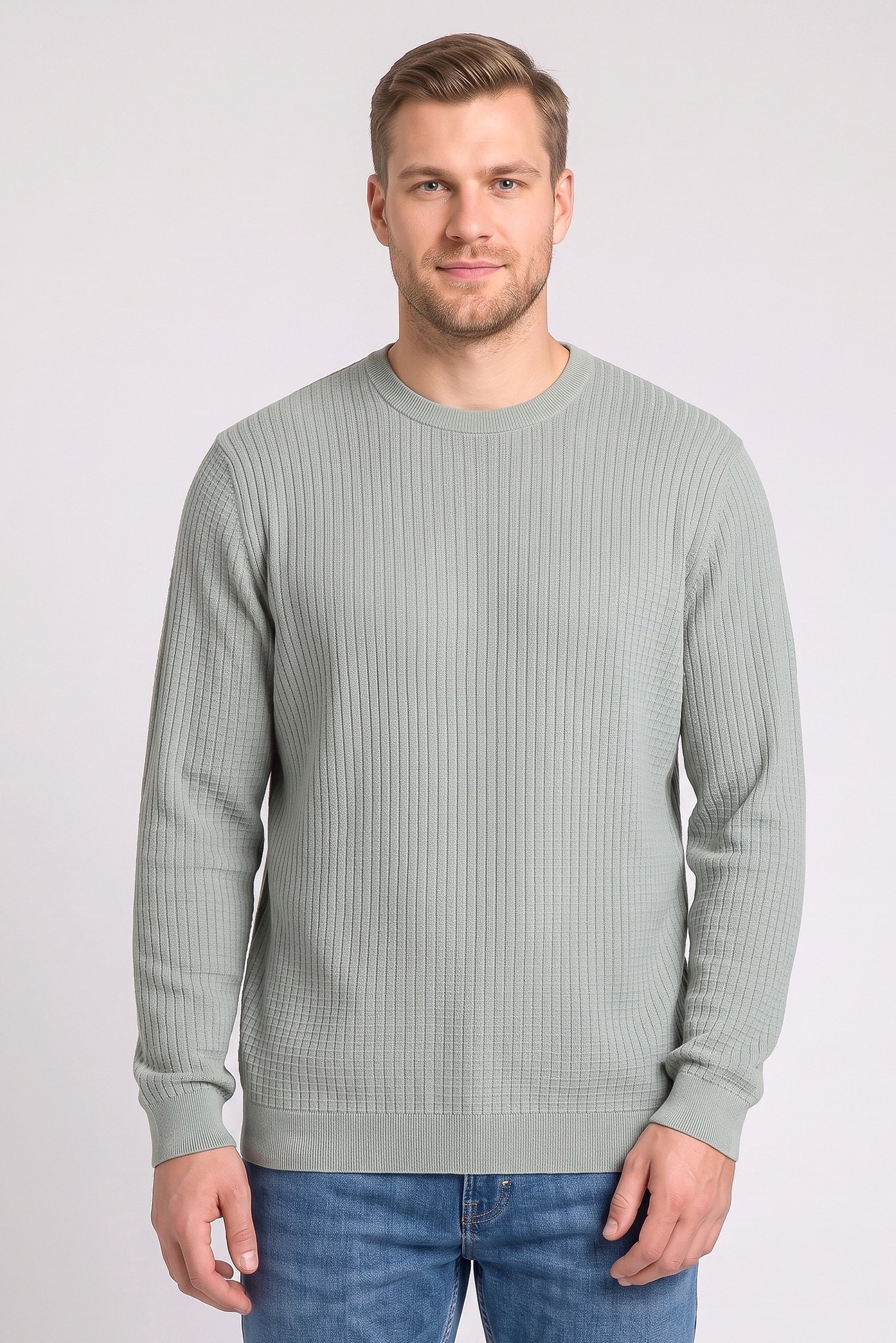 Men Crew Neck Long Sleeve Textured Sweater, Sage Green