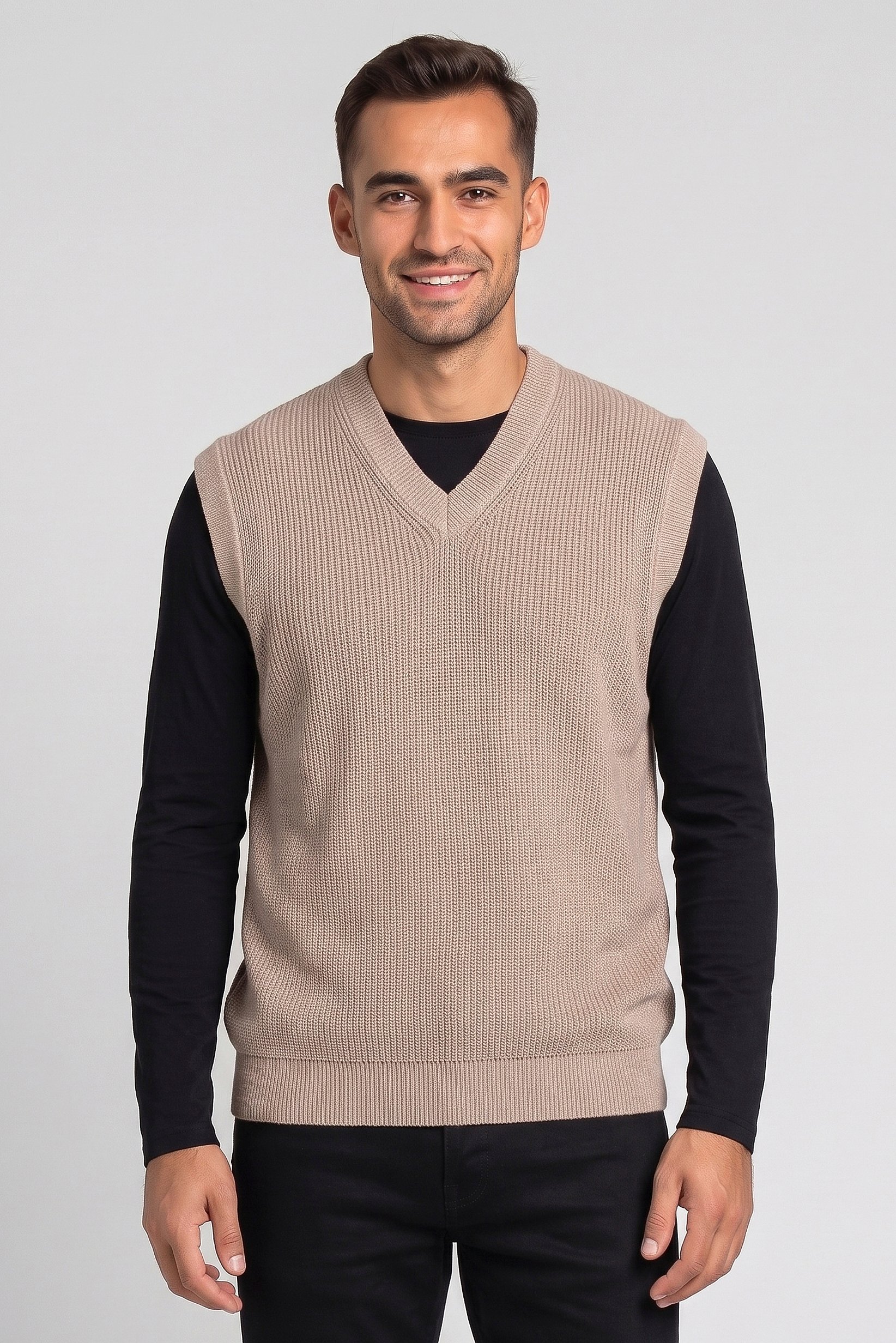 Men V Neck Knitted Sweater Vest, Beige