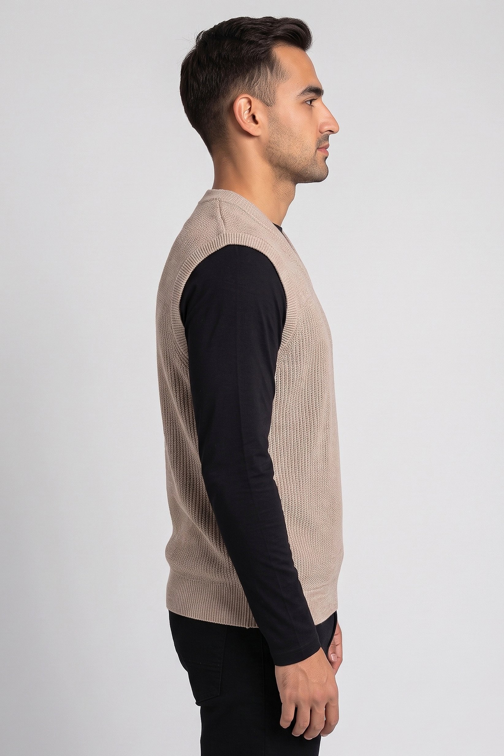 Men V Neck Knitted Sweater Vest, Beige