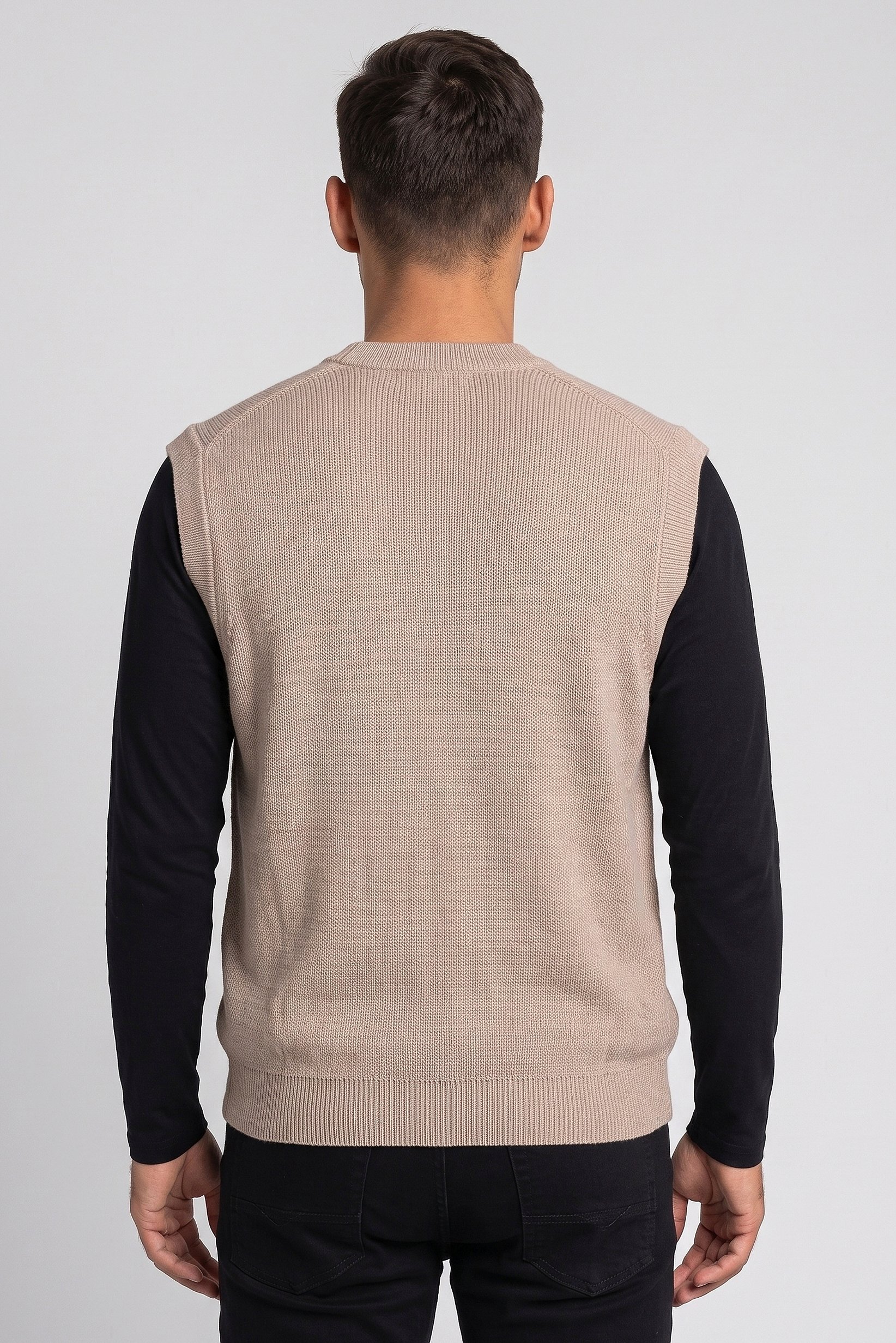Men V Neck Knitted Sweater Vest, Beige