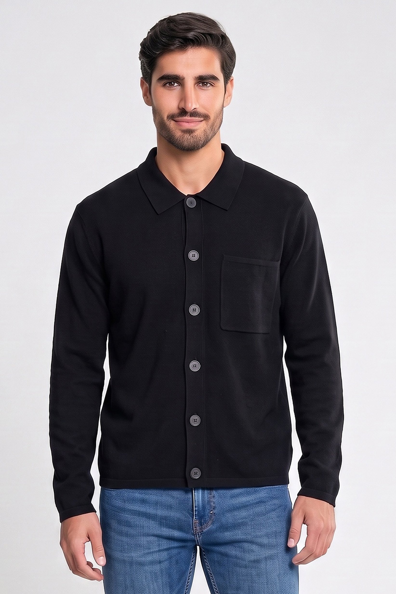 Men Spread Collar Knitted Cardigan, Black
