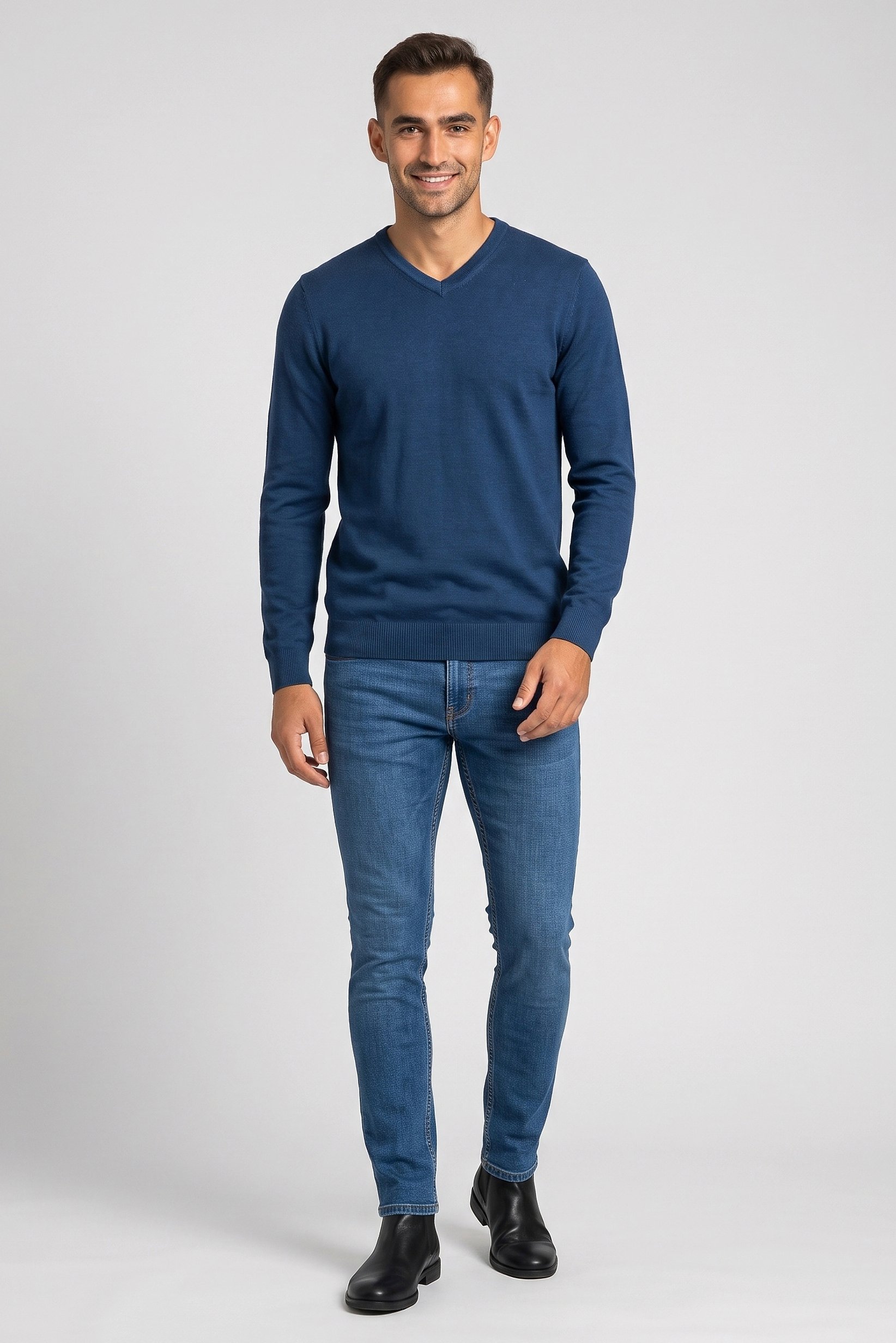 Men V Neck Knitted Sweater, Teal Blue