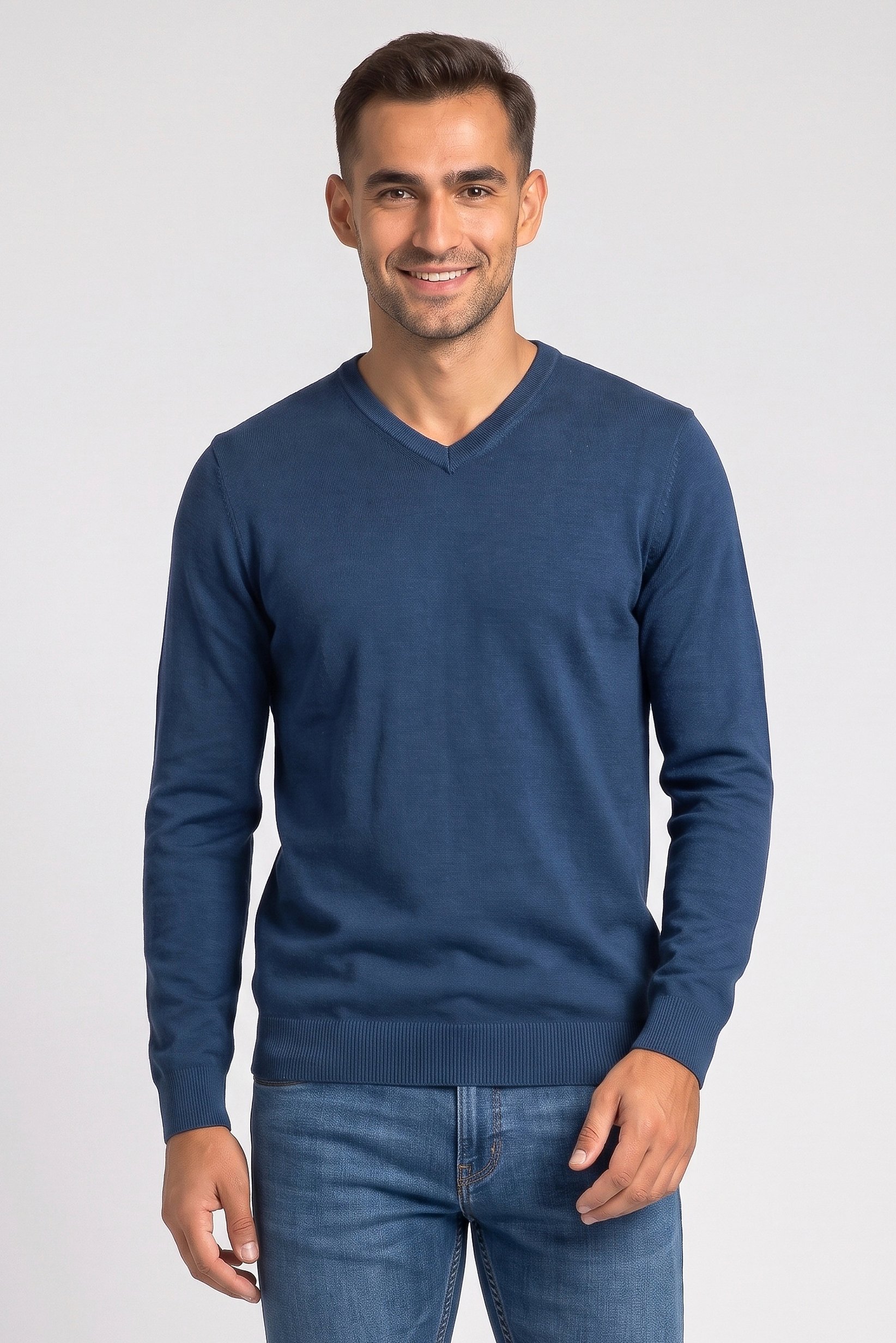 Men V Neck Knitted Sweater, Teal Blue