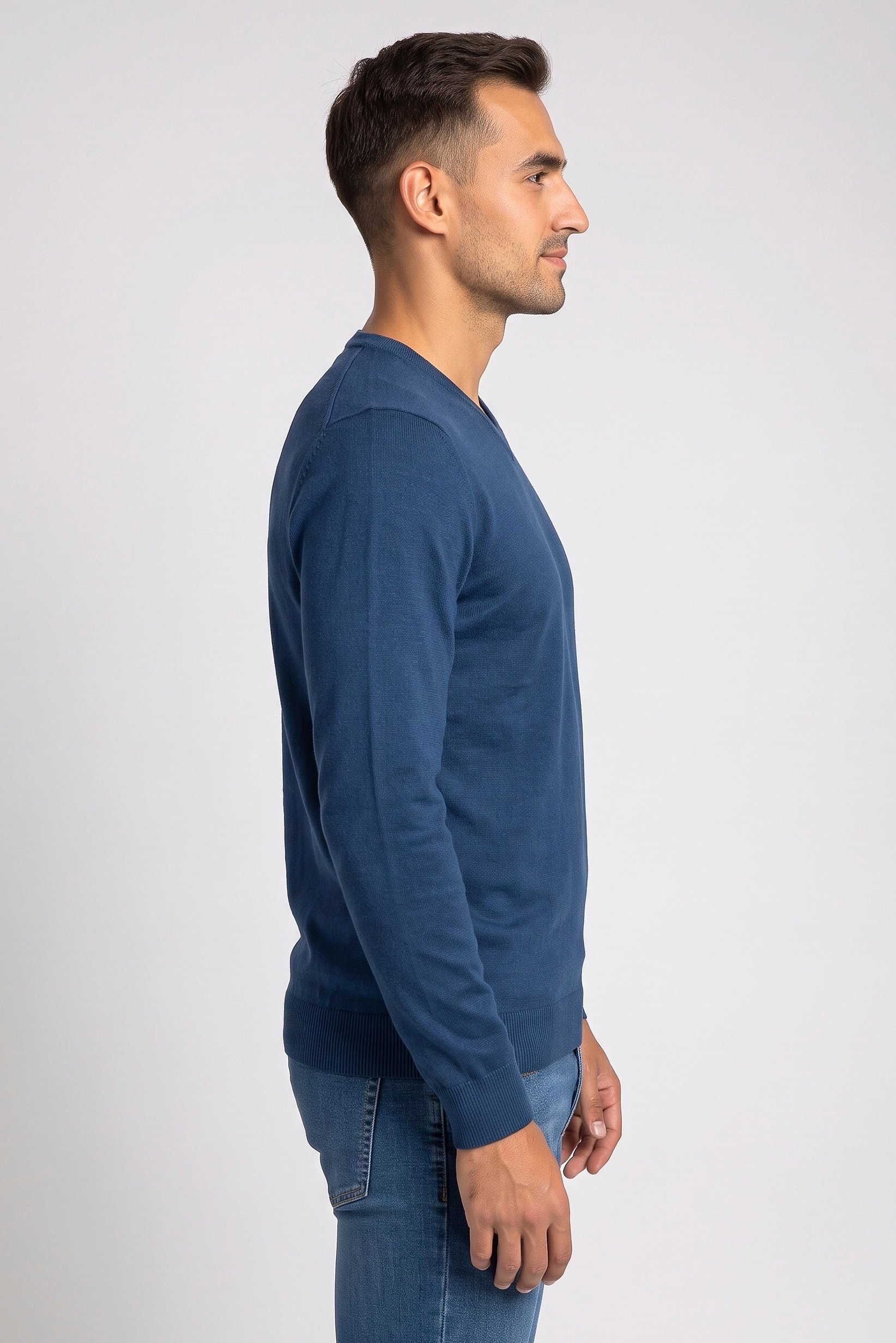 Men V Neck Knitted Sweater, Teal Blue