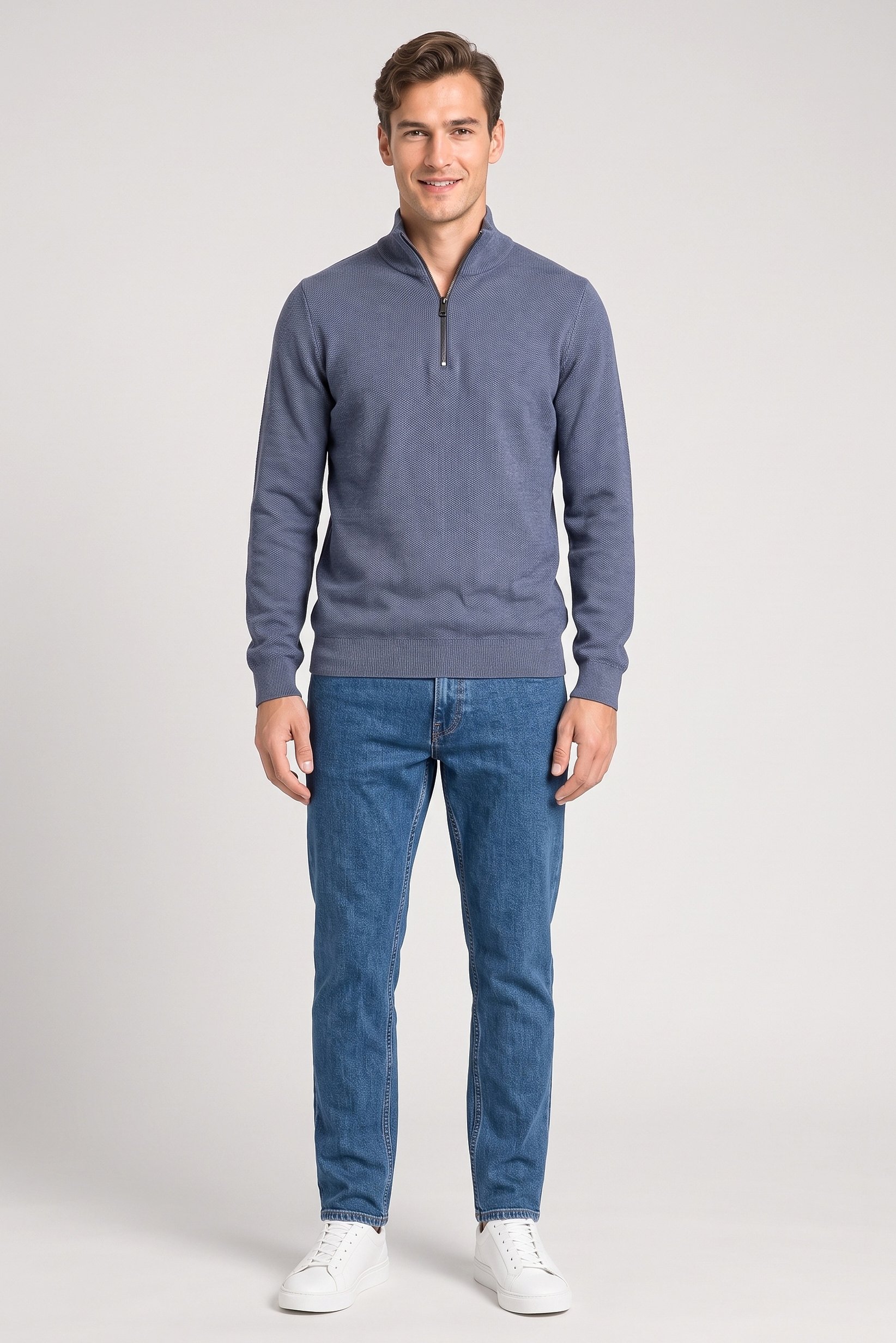 Men High Neck Textured Print Sweater, Blue