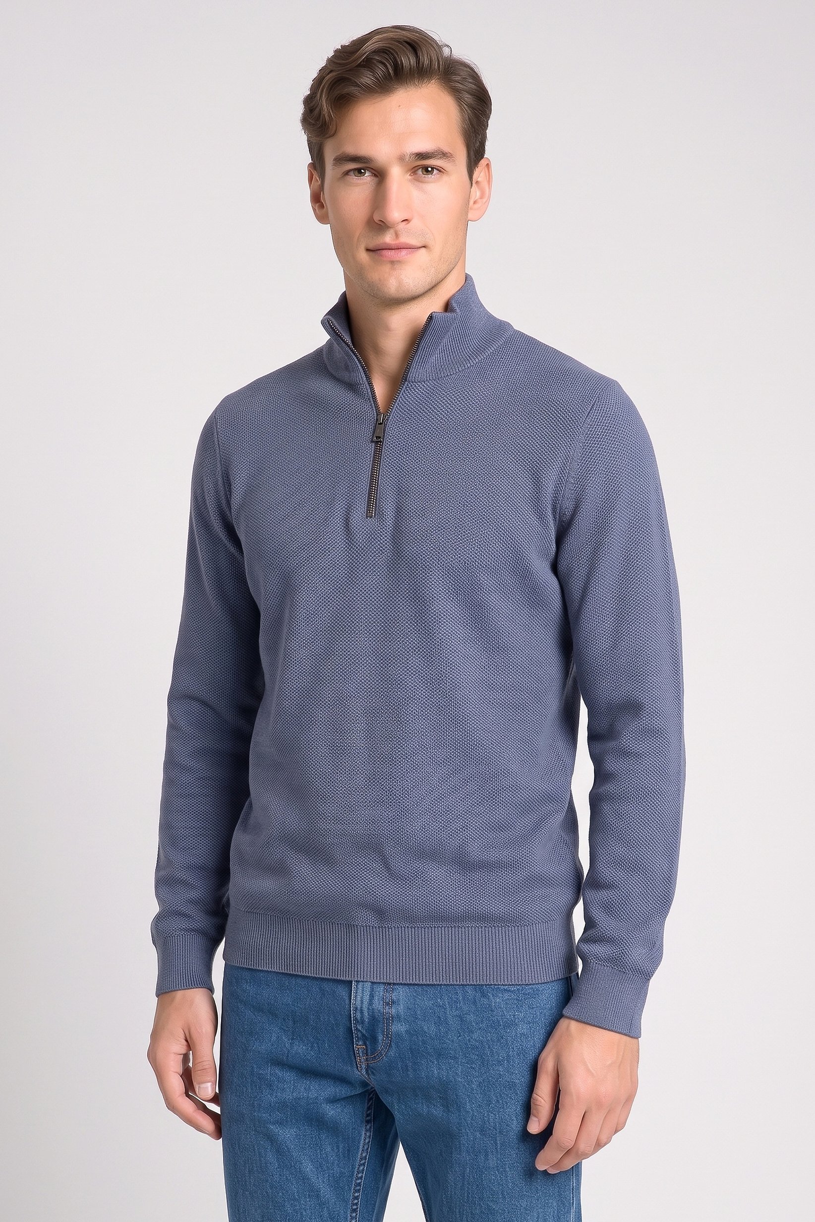 Men High Neck Textured Print Sweater, Blue