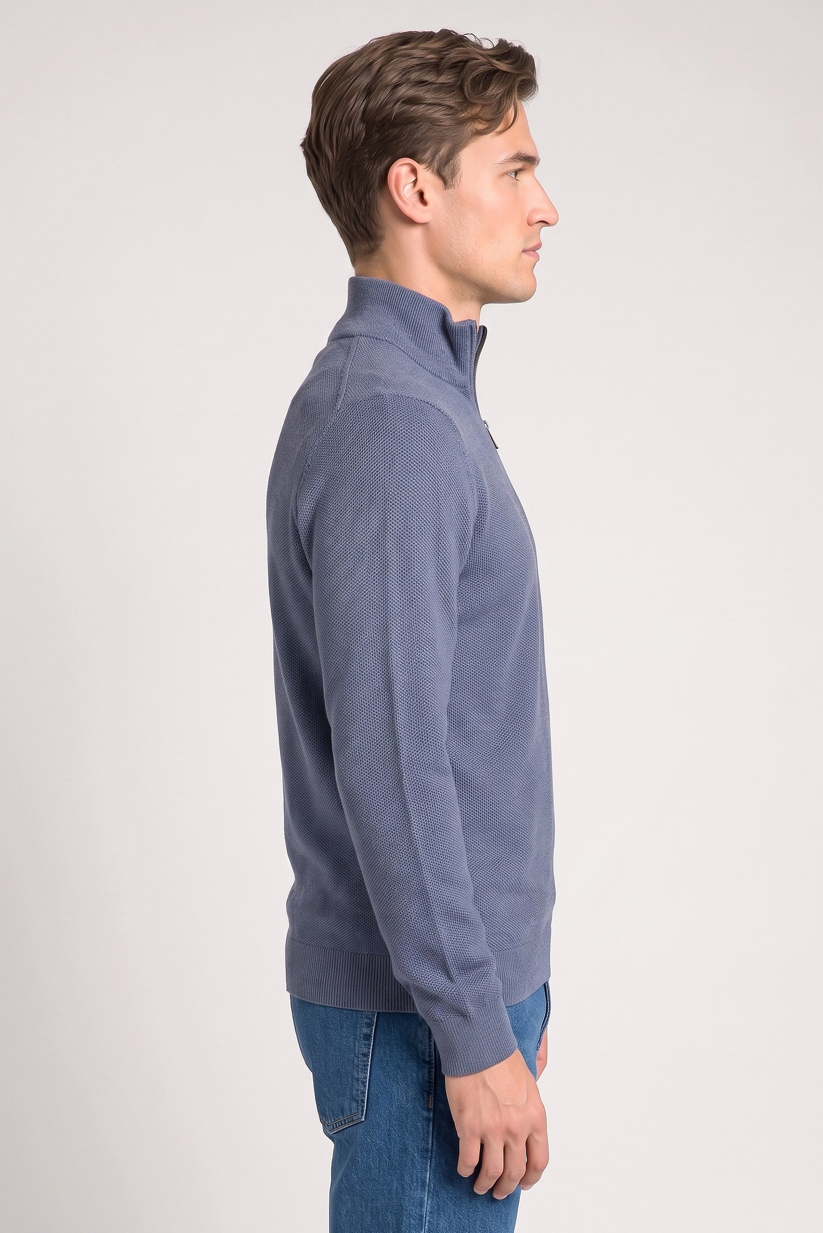 Men High Neck Textured Print Sweater, Blue