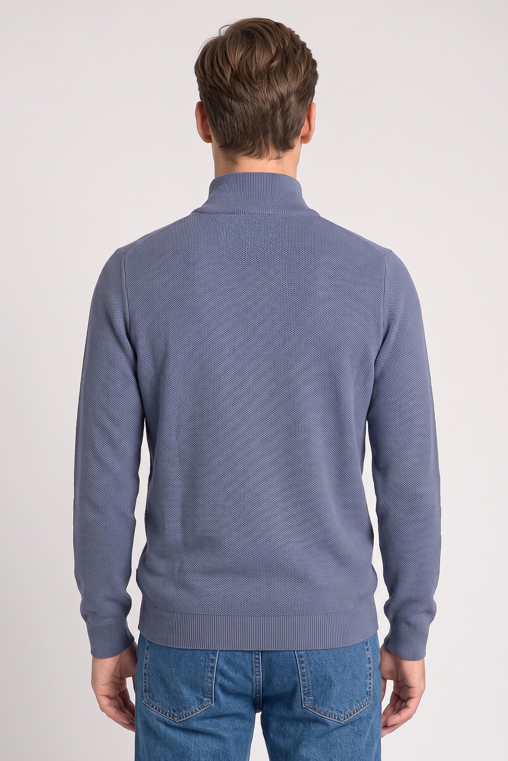 Men High Neck Textured Print Sweater, Blue