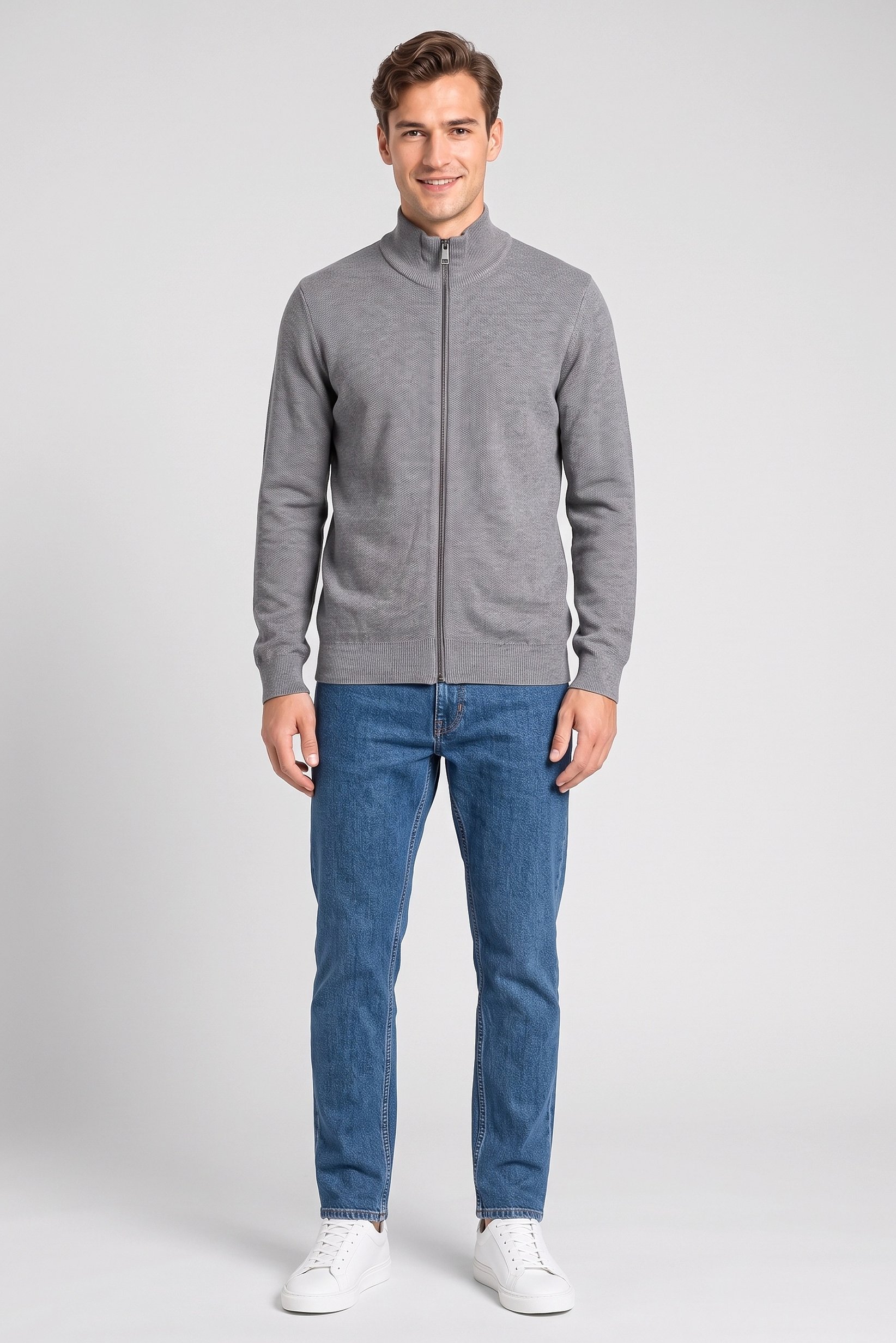 Men Mock Neck Knitted Full Zip Sweater, Grey