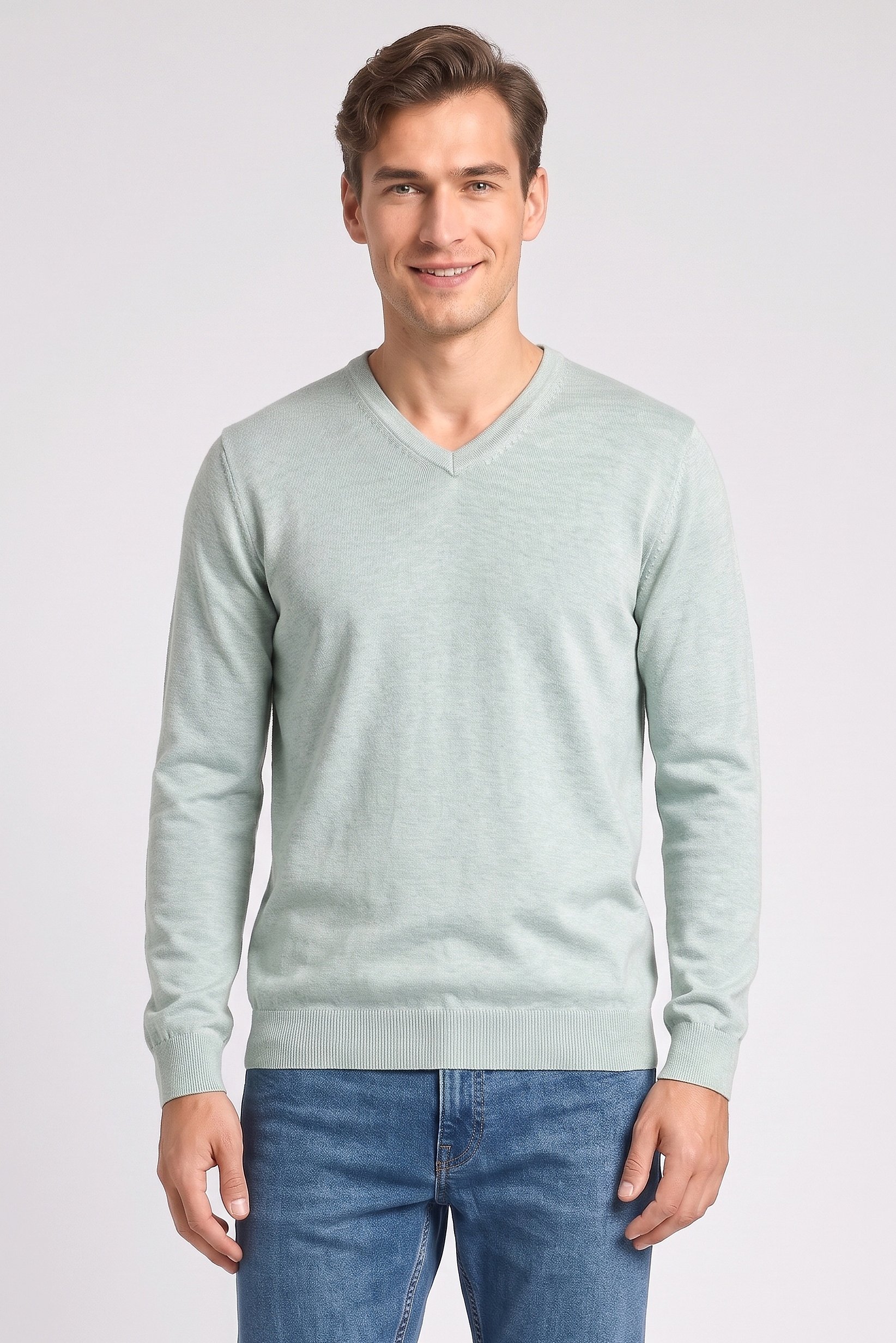 Men V Neck Knitted Sweater, Mint Green