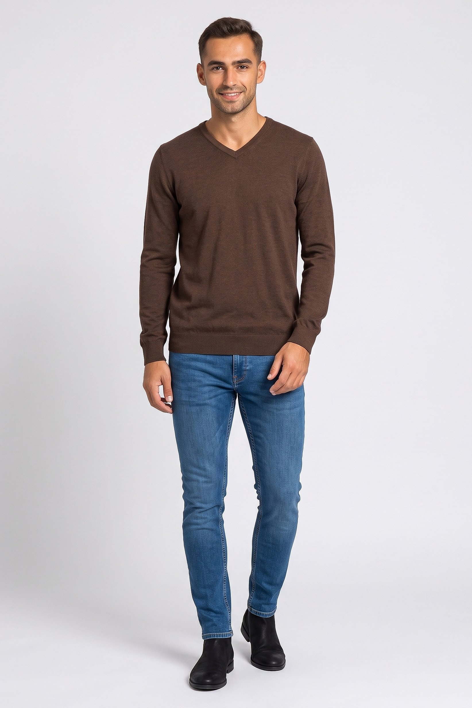 Men V-Neck Long Sleeve Plain Sweater, Coffee