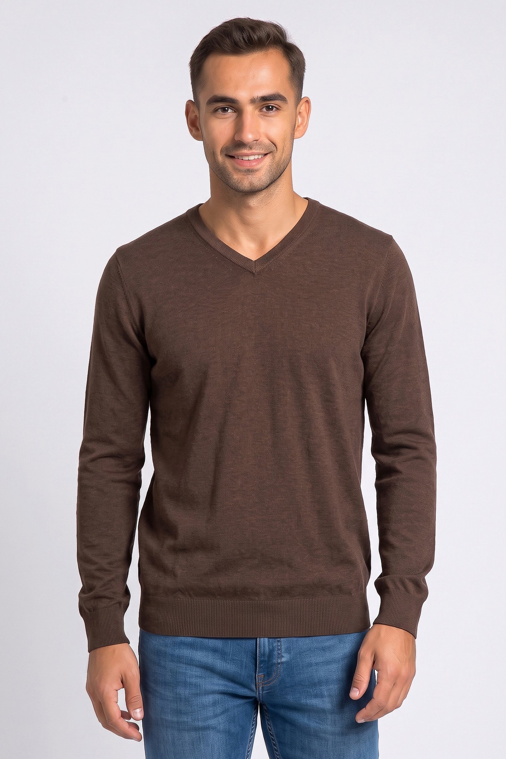Men V-Neck Long Sleeve Plain Sweater, Coffee