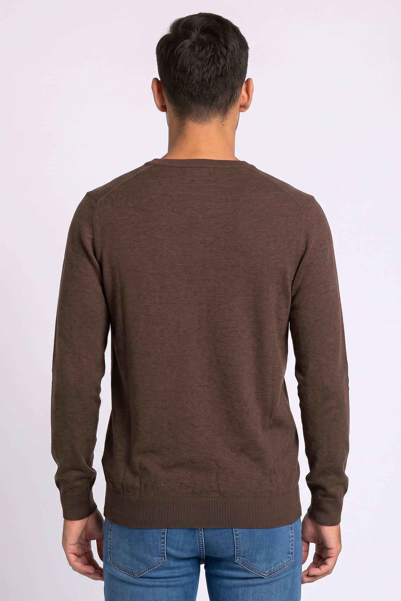 Men V-Neck Long Sleeve Plain Sweater, Coffee