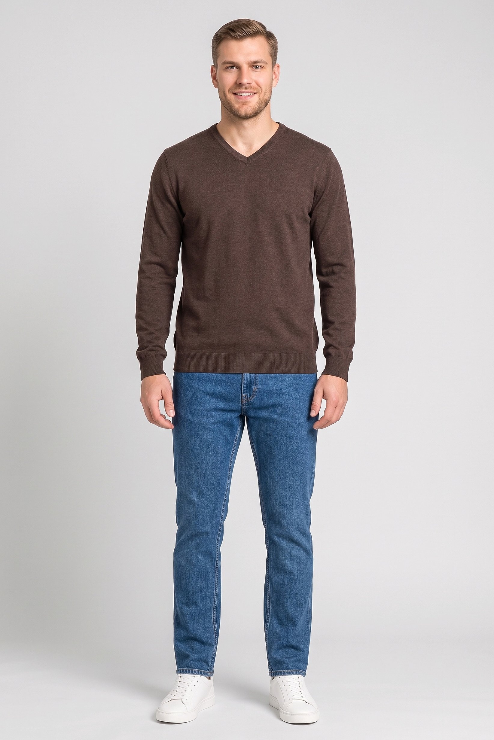 Men V Neck Heather Long Sleeve Sweater, Dark Brown