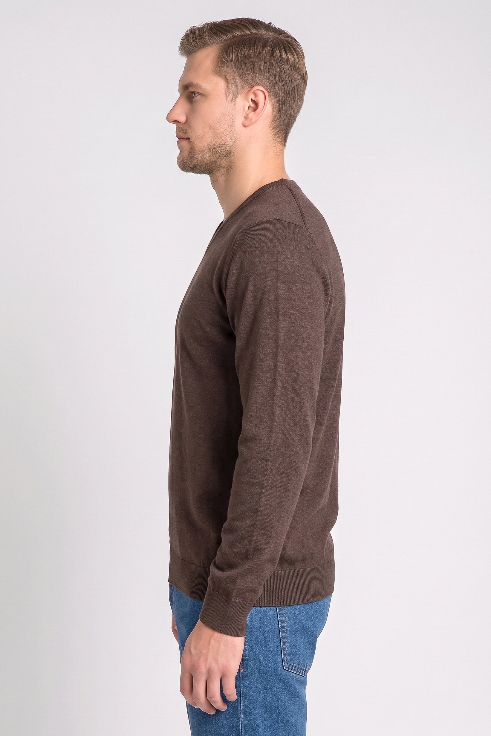 Men V Neck Heather Long Sleeve Sweater, Dark Brown