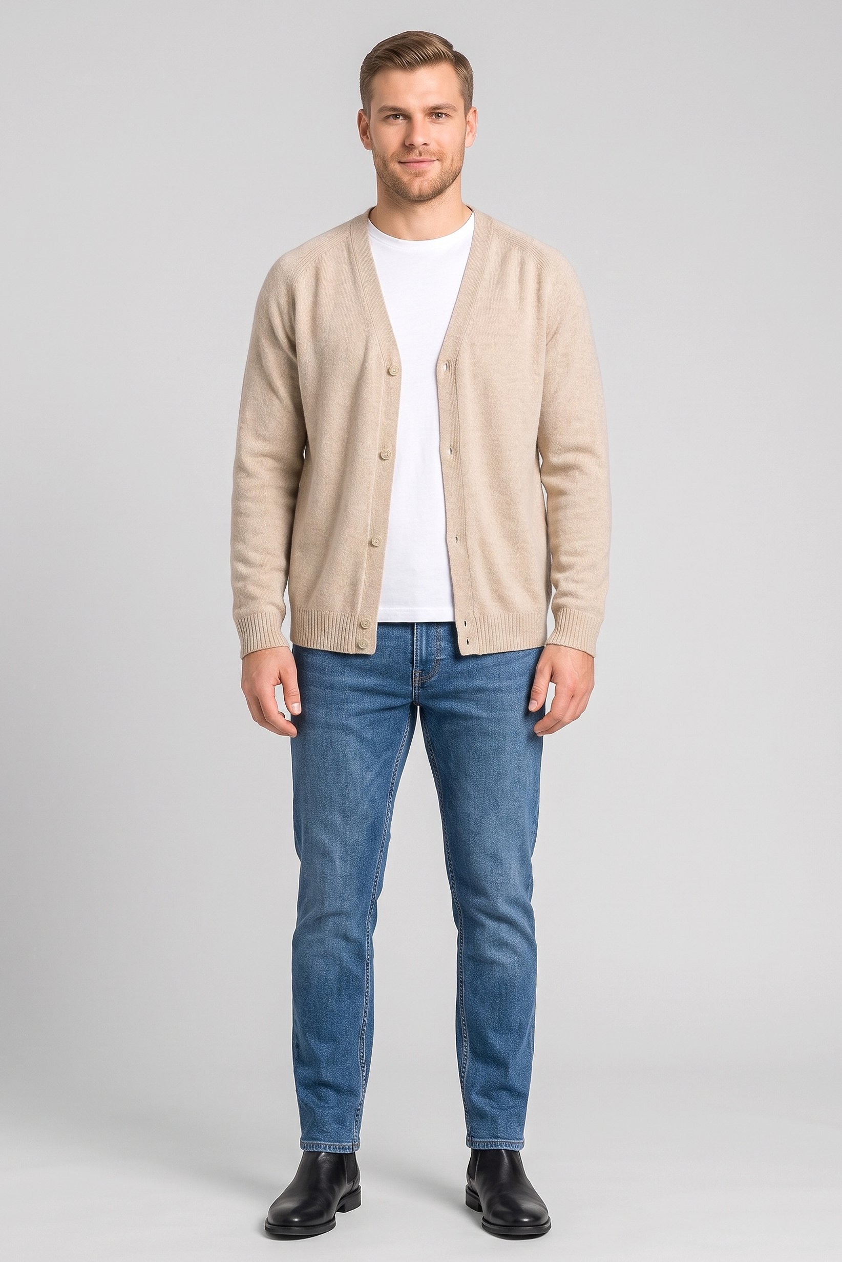Men V-Neck Knitted Cardigan, Beige