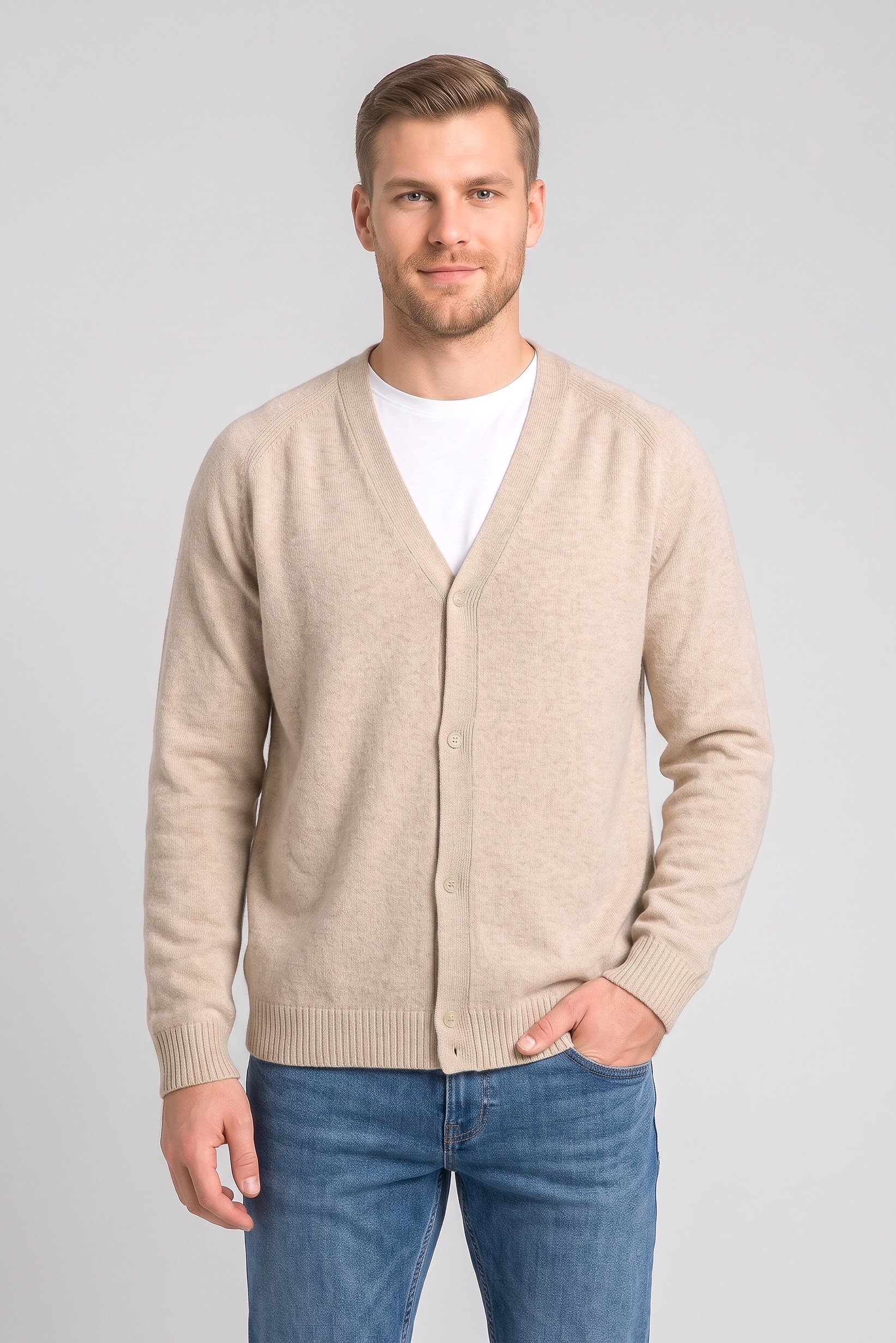 Men V-Neck Knitted Cardigan, Beige