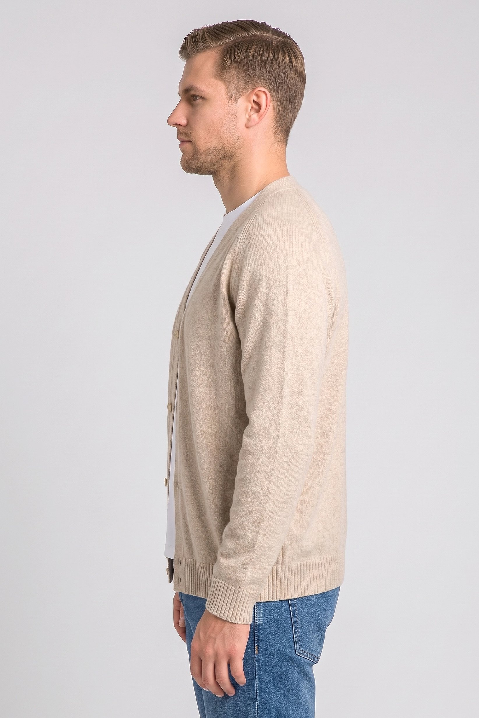 Men V-Neck Knitted Cardigan, Beige