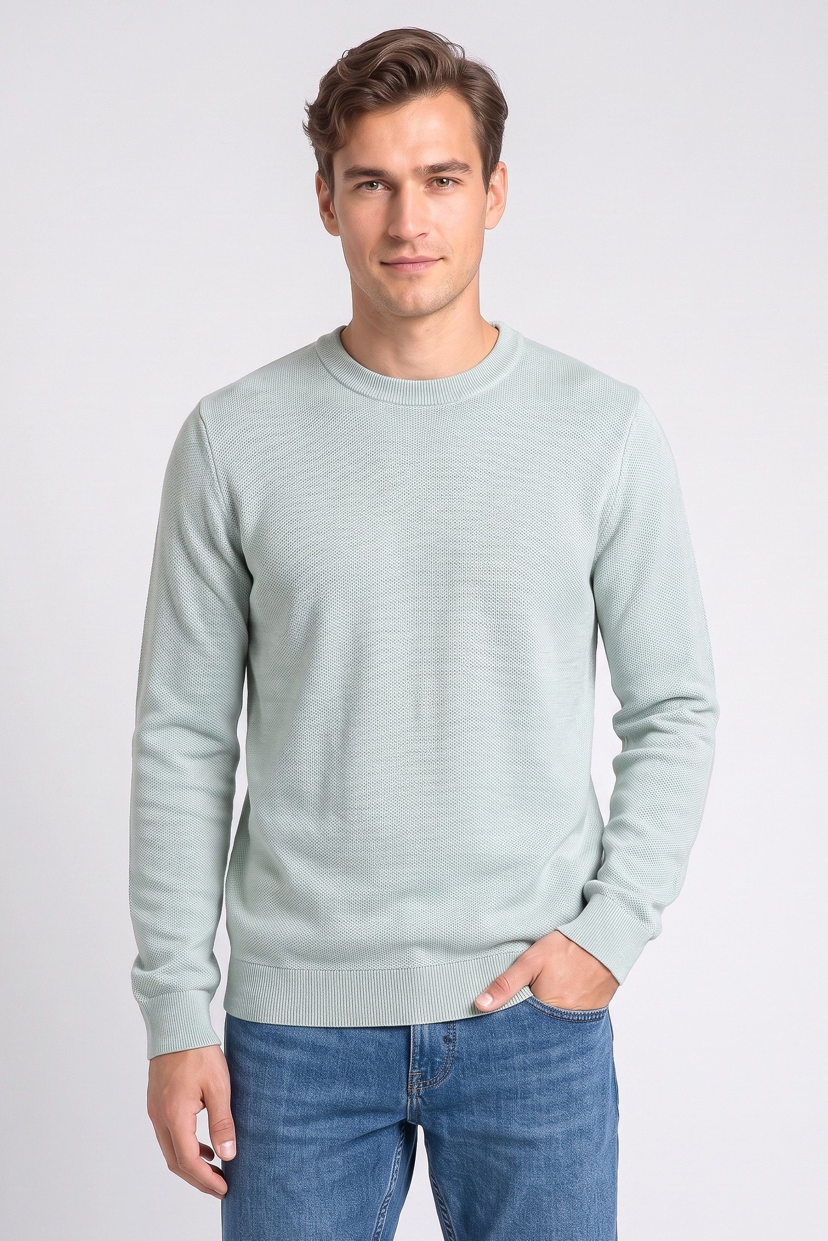 Men Crew Neck Knitted Sweater, Sage Green
