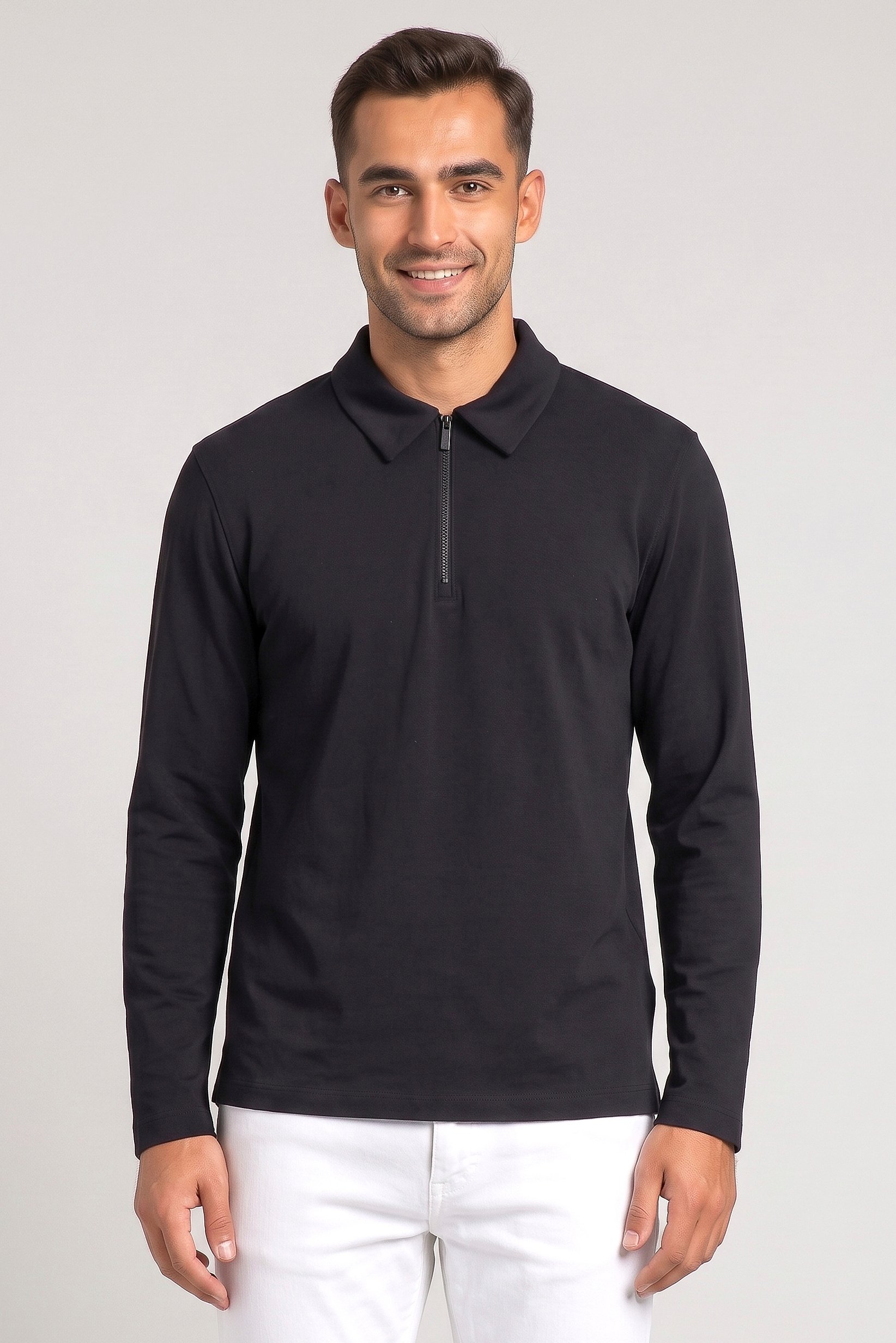 Men Regular Fit Plain Long Sleeve Polo Shirt, Navy