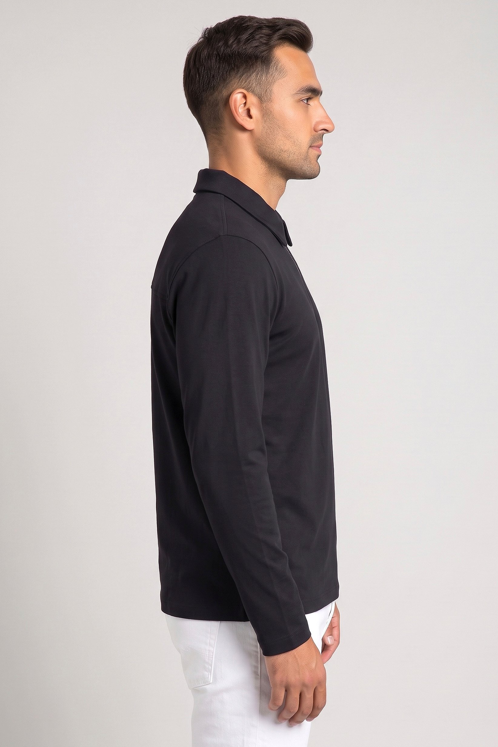 Men Regular Fit Plain Long Sleeve Polo Shirt, Navy
