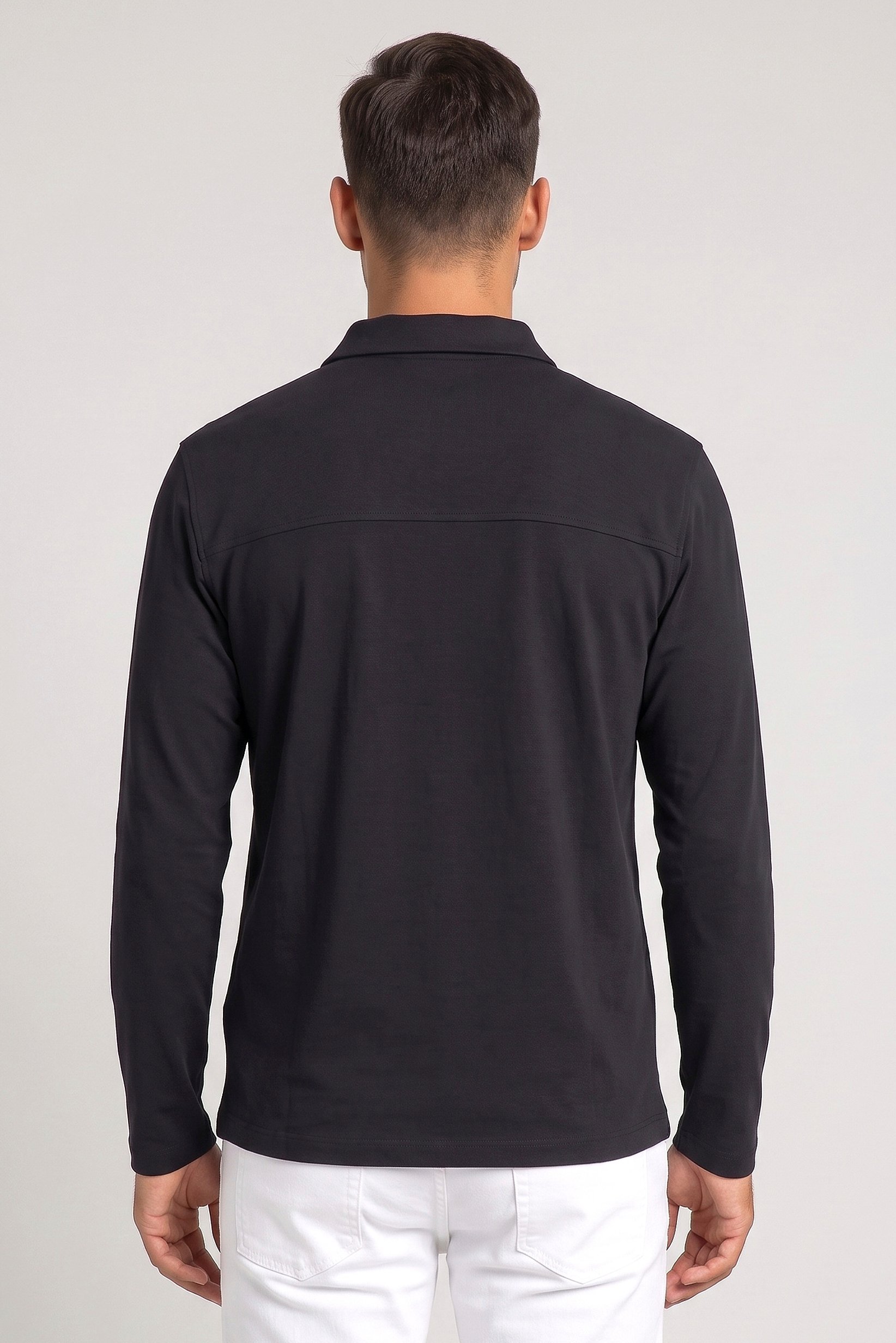 Men Regular Fit Plain Long Sleeve Polo Shirt, Navy