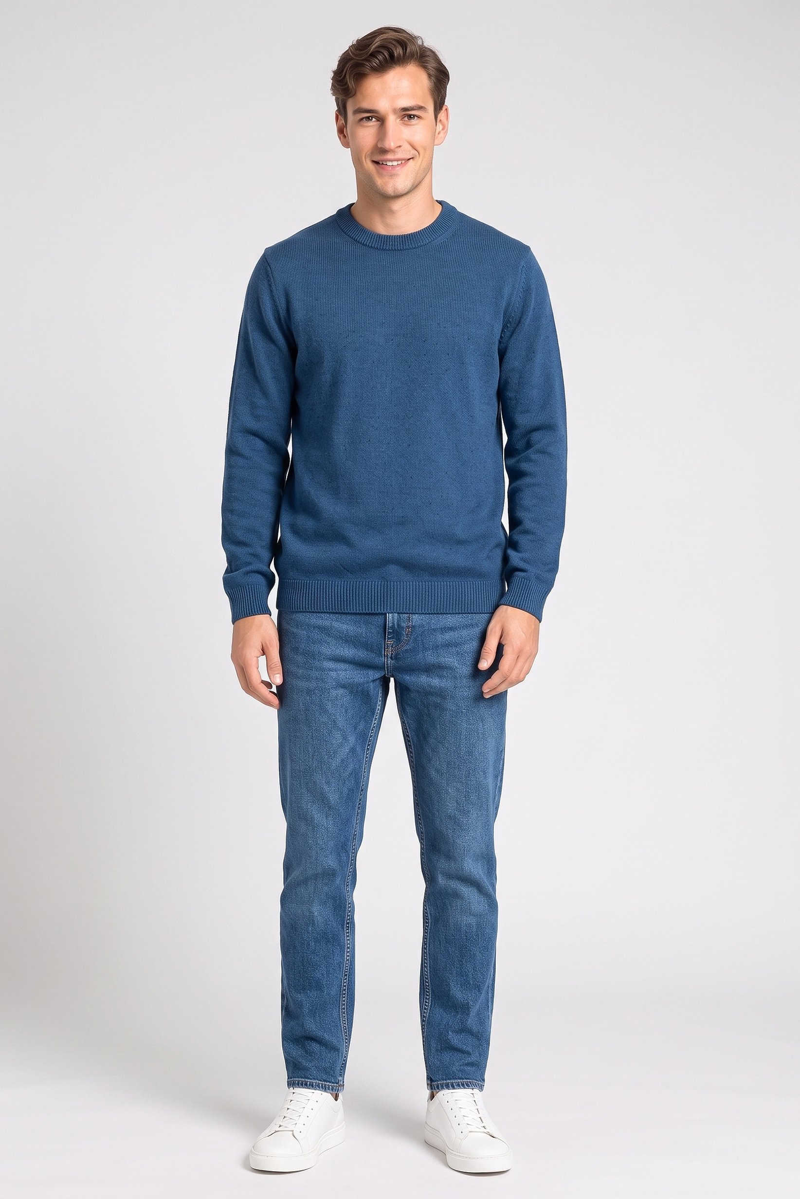 Men Crew Neck Long Sleeve Sweater, Teal Blue