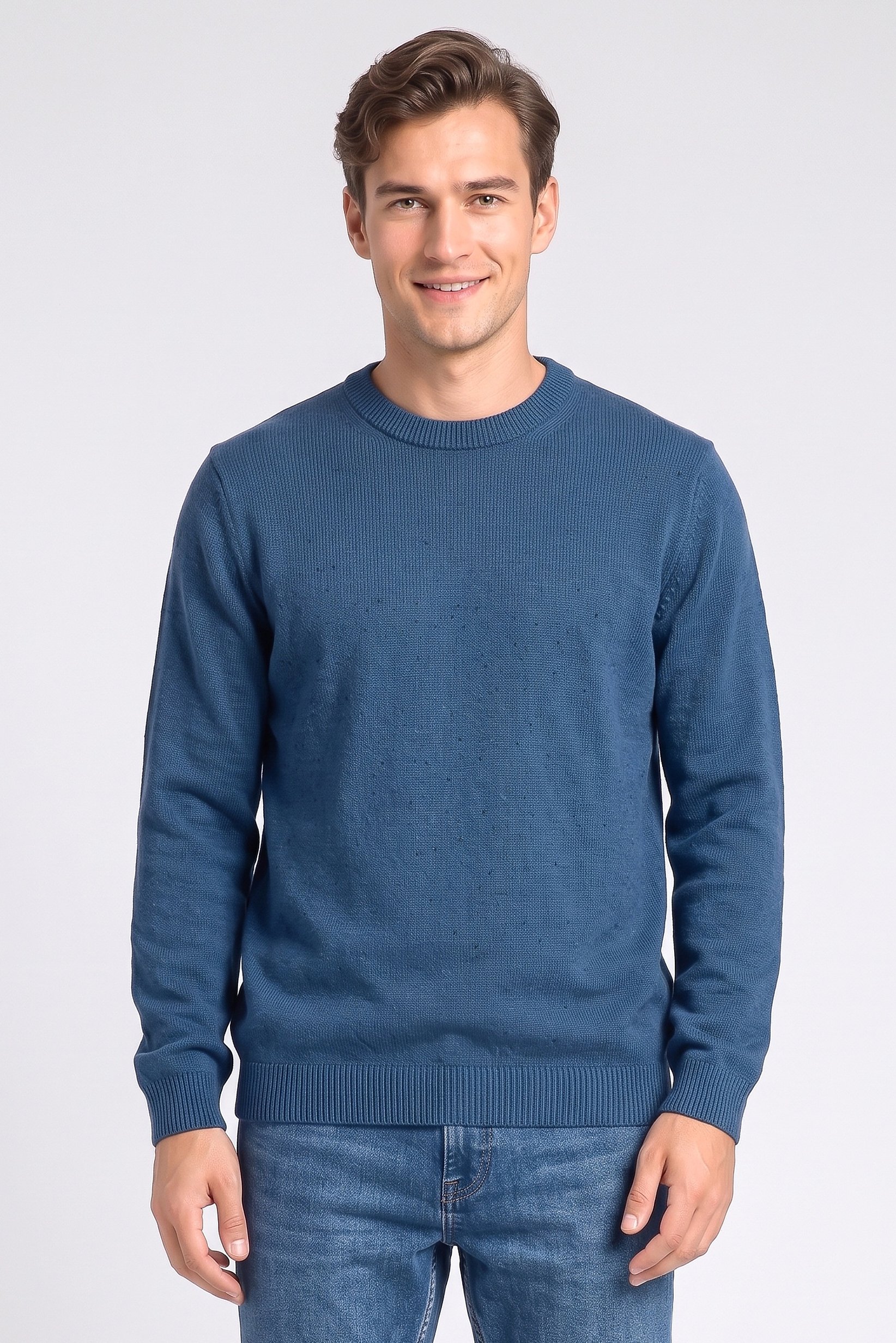 Men Crew Neck Long Sleeve Sweater, Teal Blue