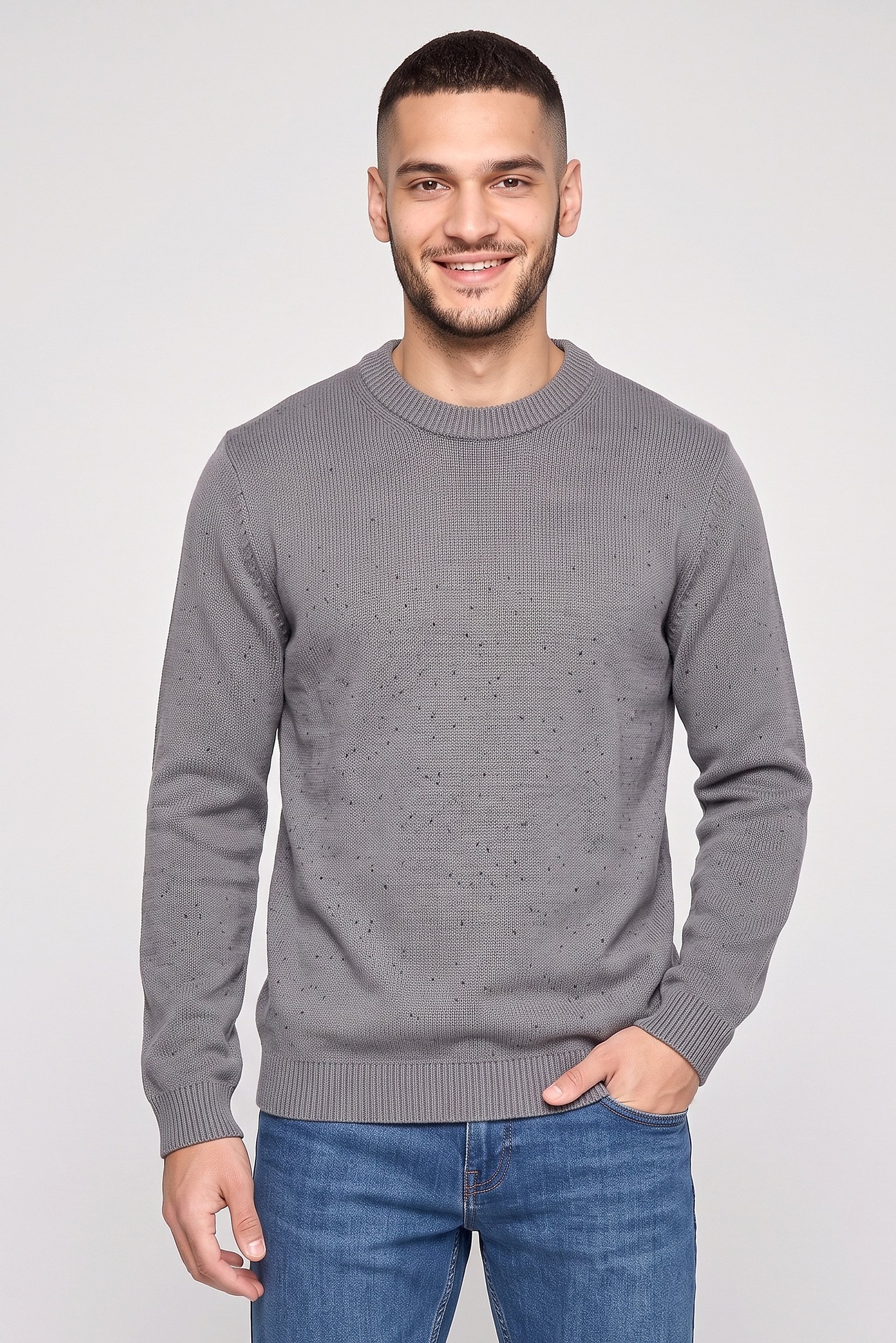 Men Crew Neck Knitted Sweater, Grey