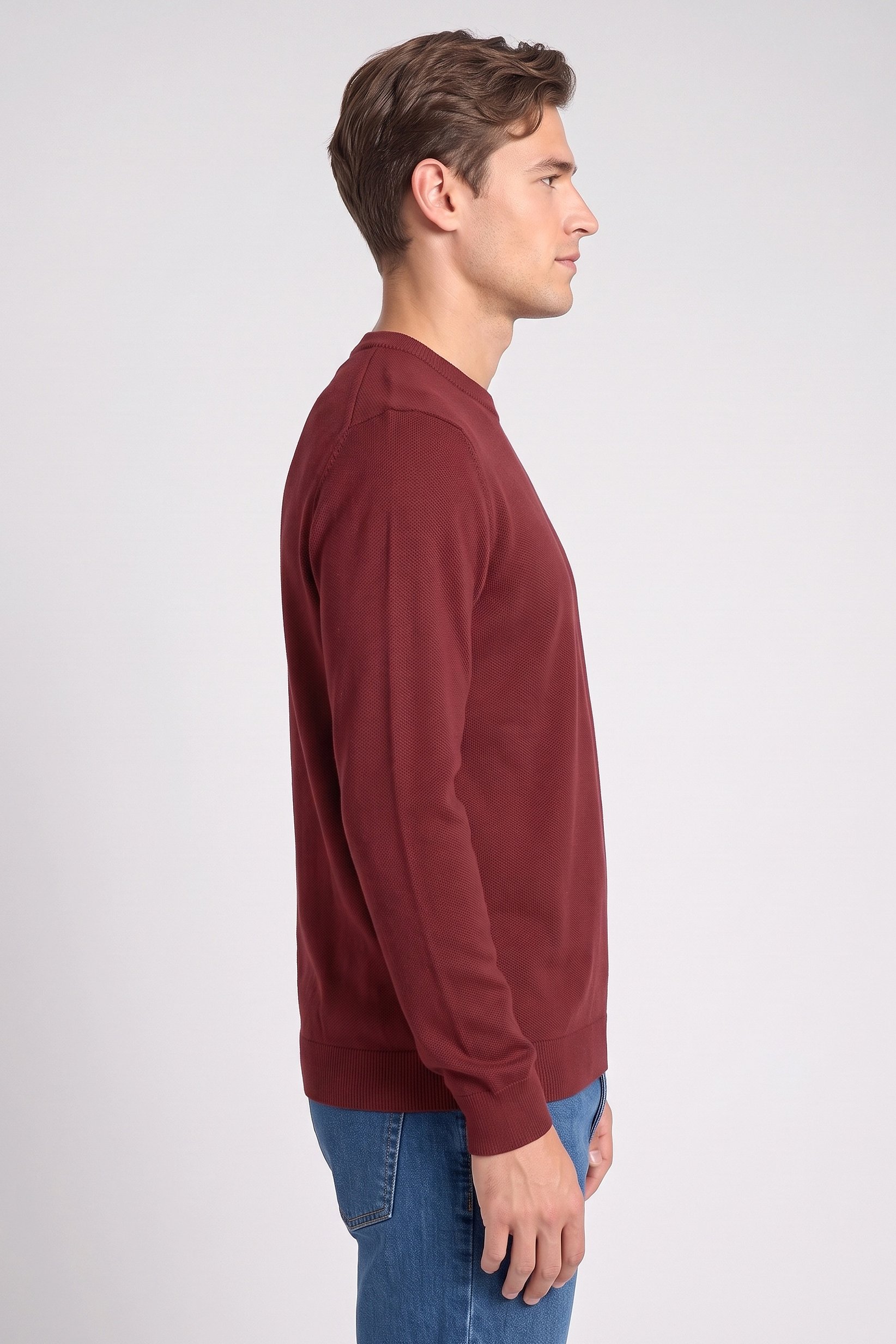 Men Crew Neck Long Sleeve Knitted Sweater, Burgundy