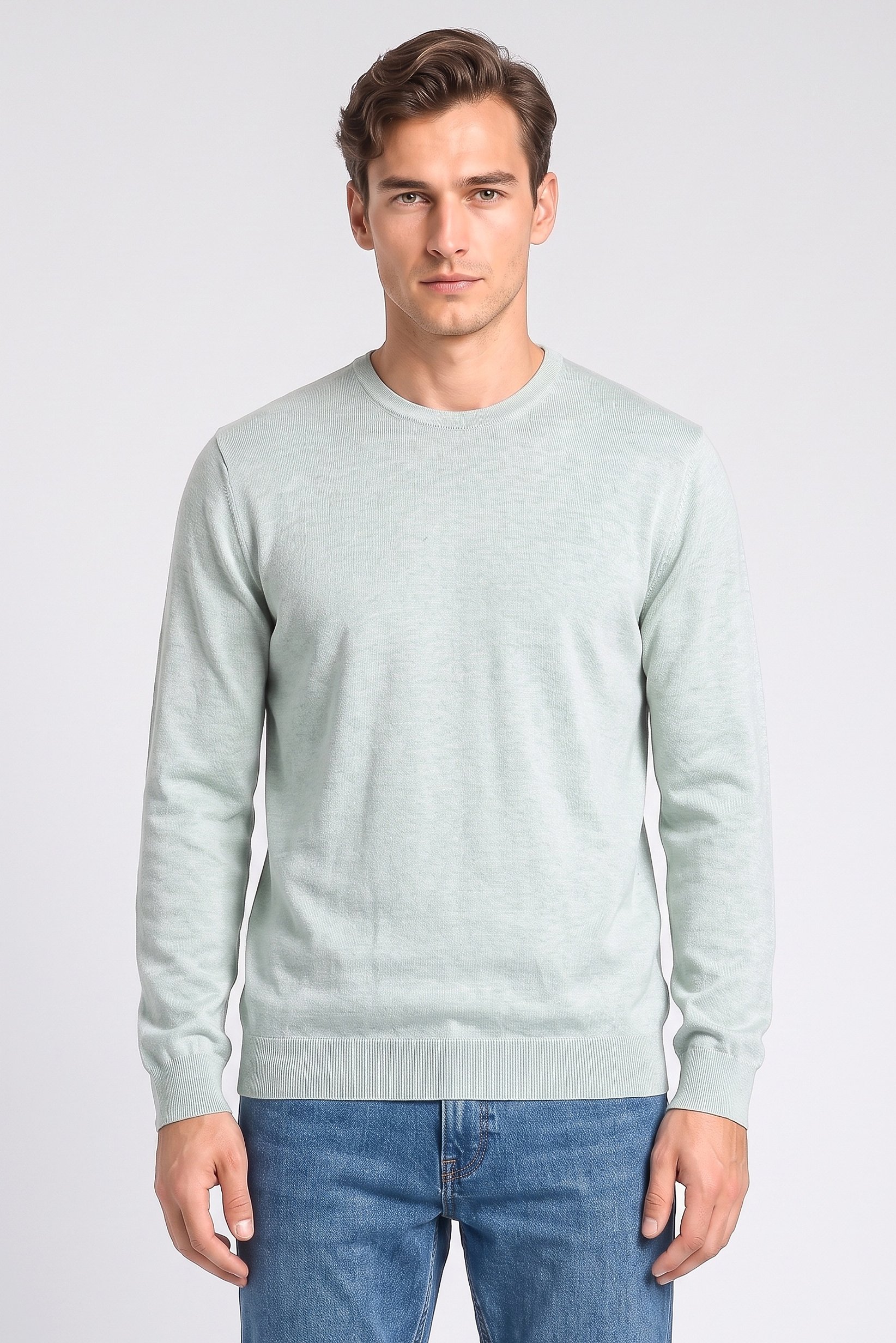Men Round Neck Textured Sweater, Light Green