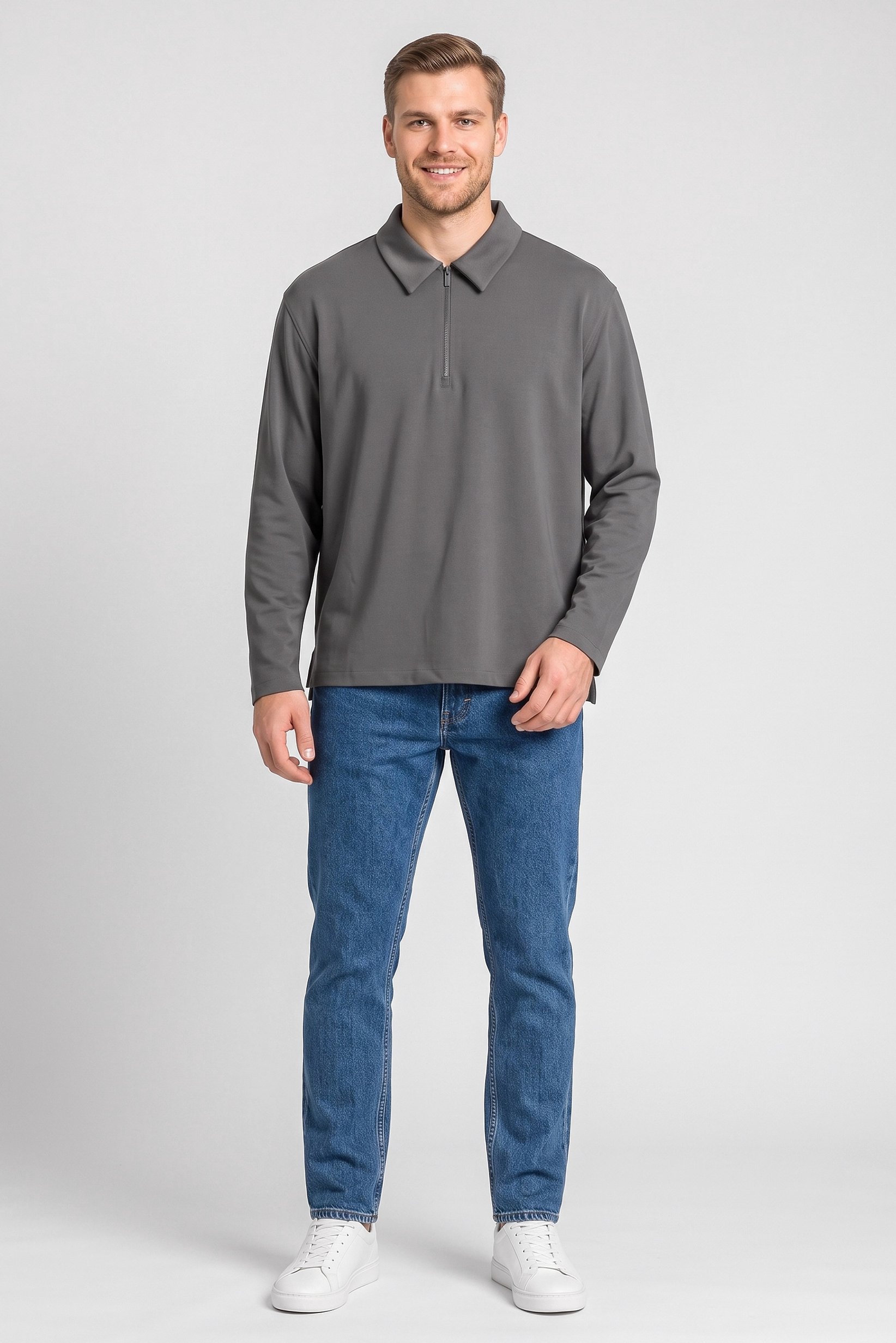 Men Regular Fit Plain Long Sleeve Polo Shirt, Grey