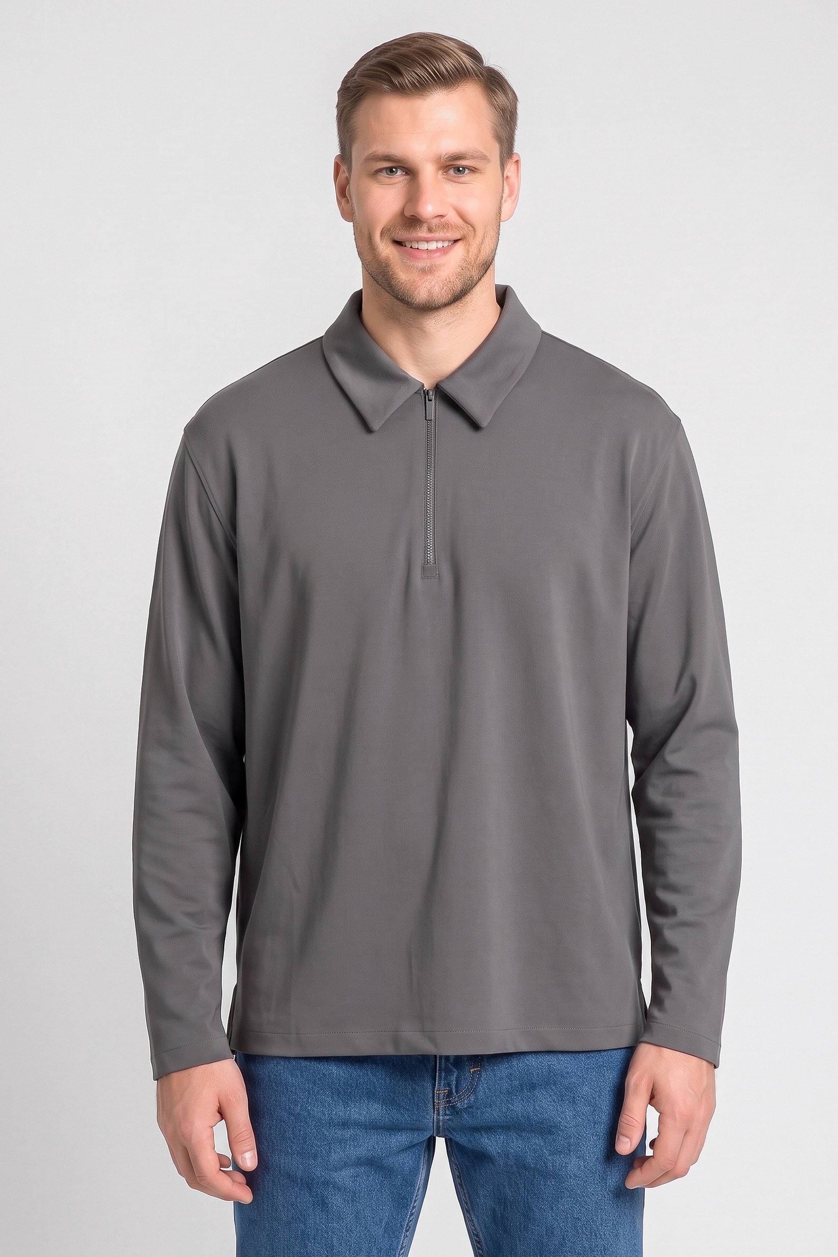 Men Regular Fit Plain Long Sleeve Polo Shirt, Grey