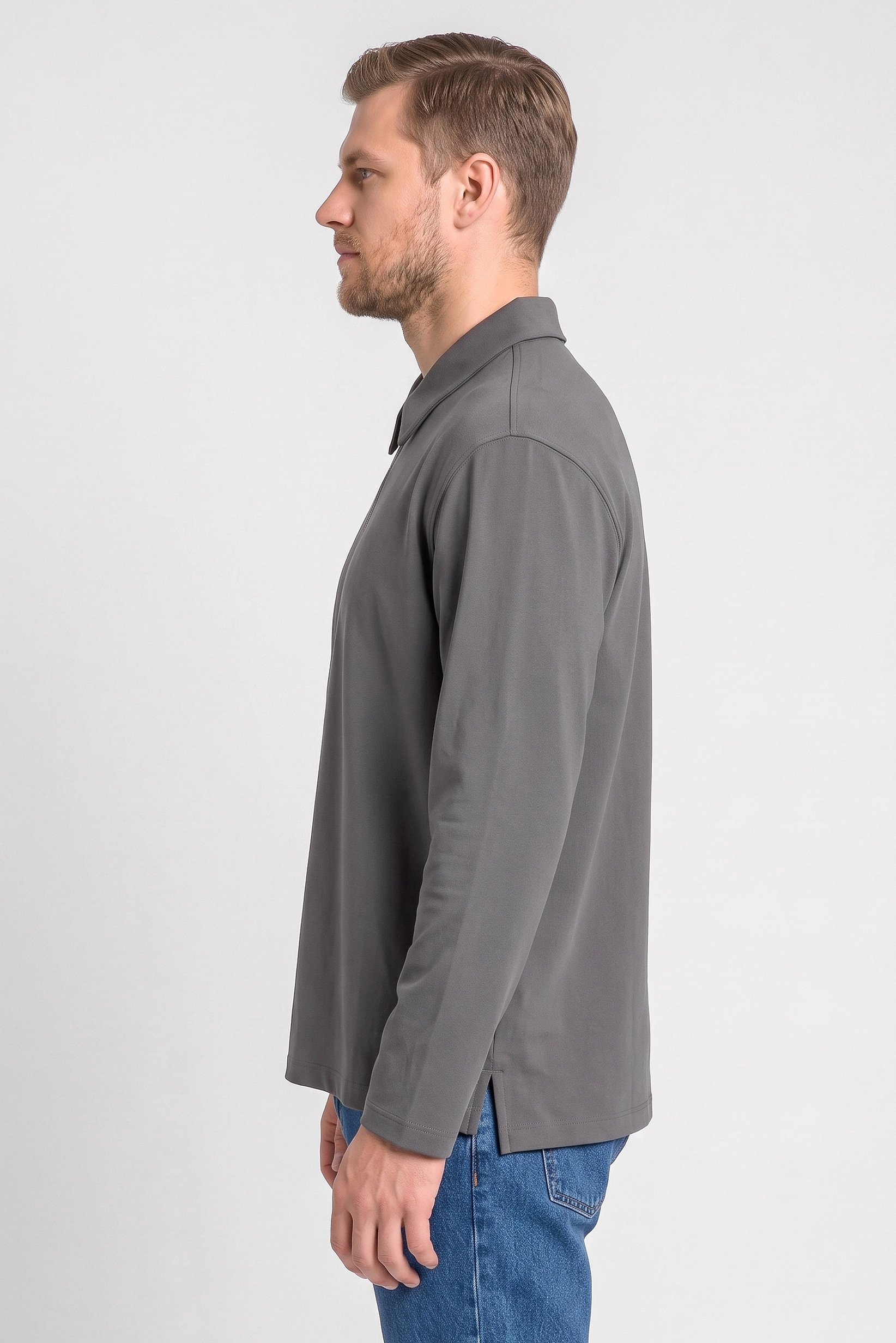 Men Regular Fit Plain Long Sleeve Polo Shirt, Grey