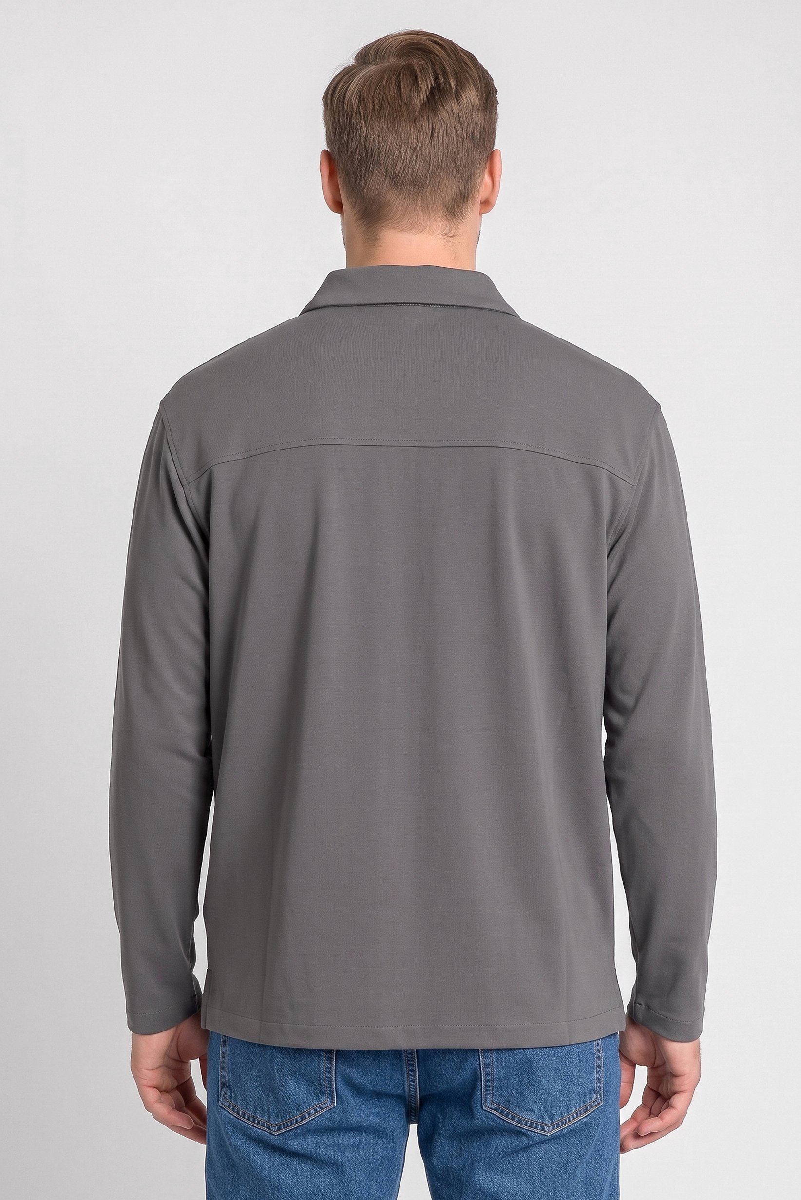Men Regular Fit Plain Long Sleeve Polo Shirt, Grey