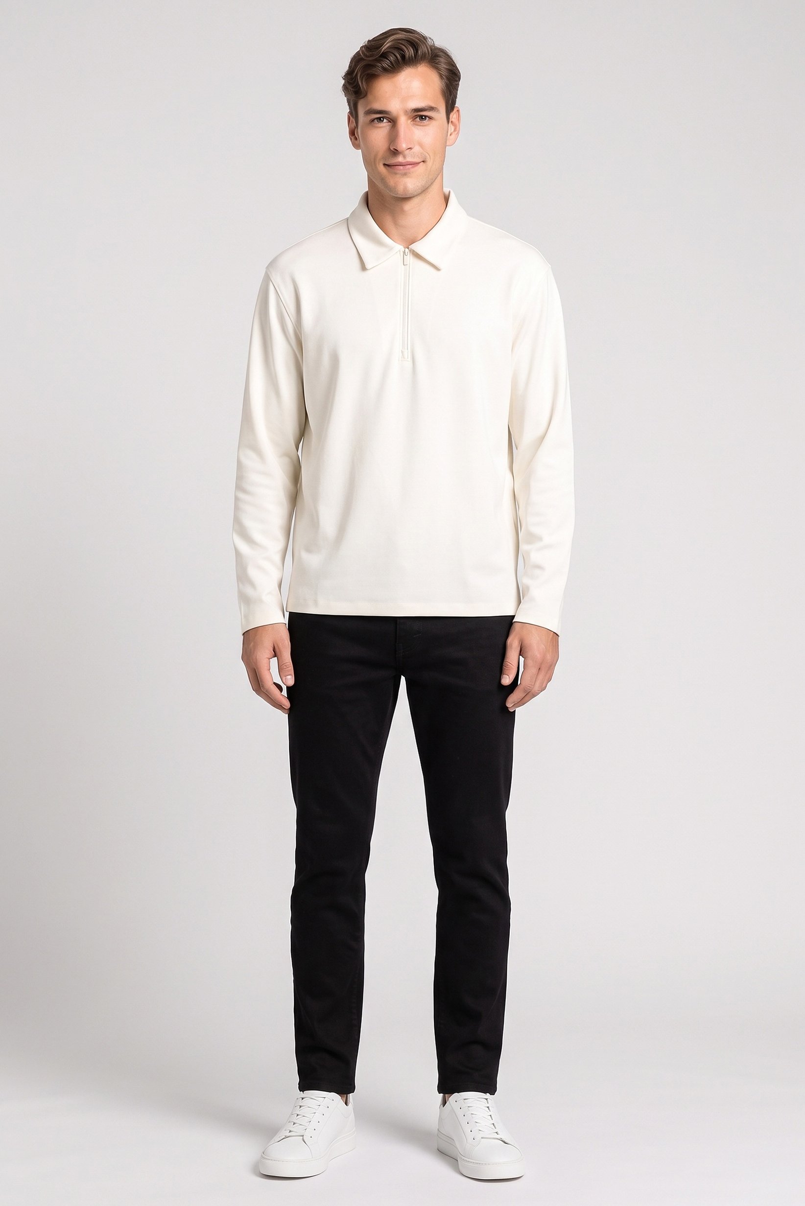 Men Regular Fit Long Sleeve Plain Polo Shirt, Cream
