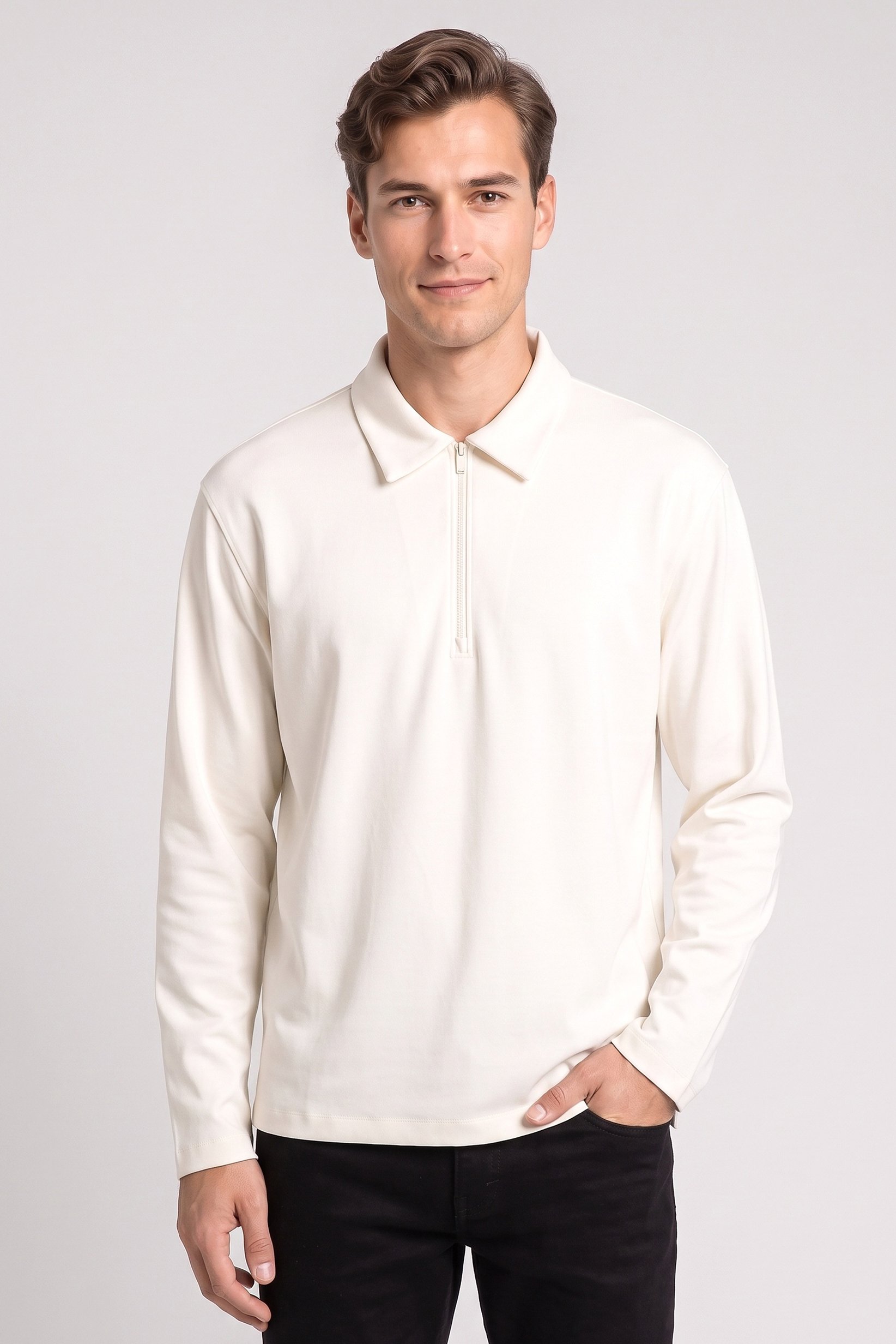 Men Regular Fit Long Sleeve Plain Polo Shirt, Cream