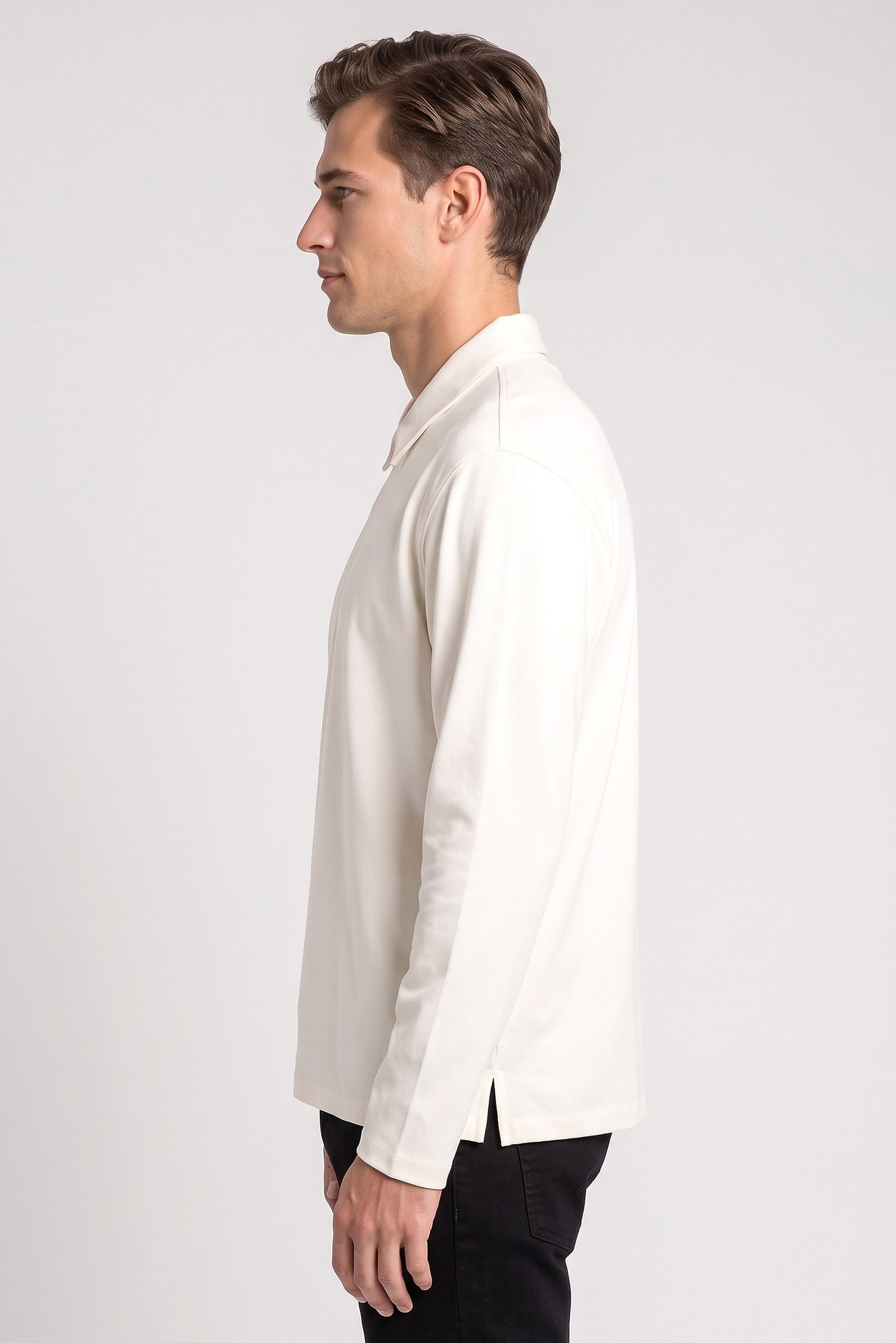 Men Regular Fit Long Sleeve Plain Polo Shirt, Cream