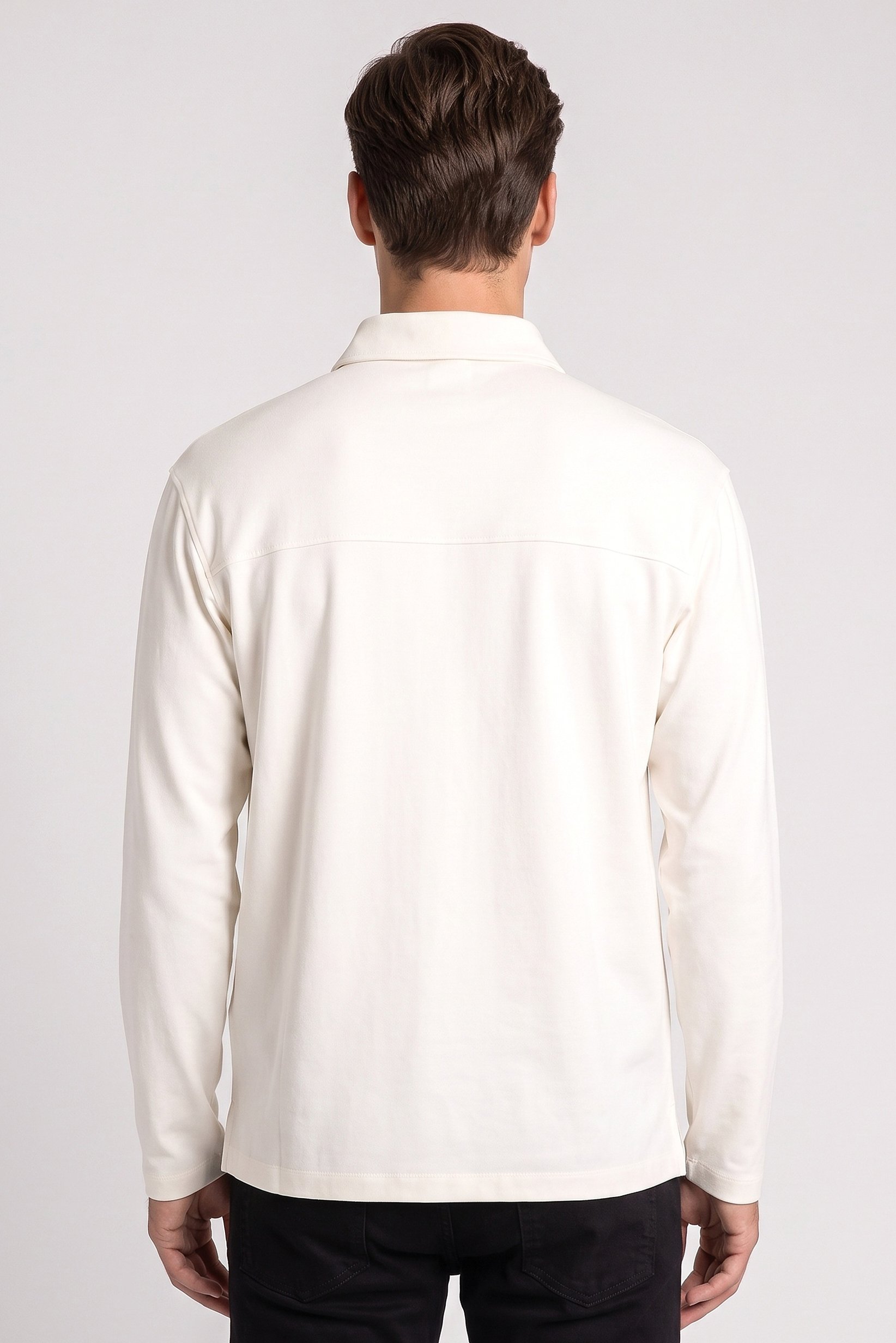 Men Regular Fit Long Sleeve Plain Polo Shirt, Cream