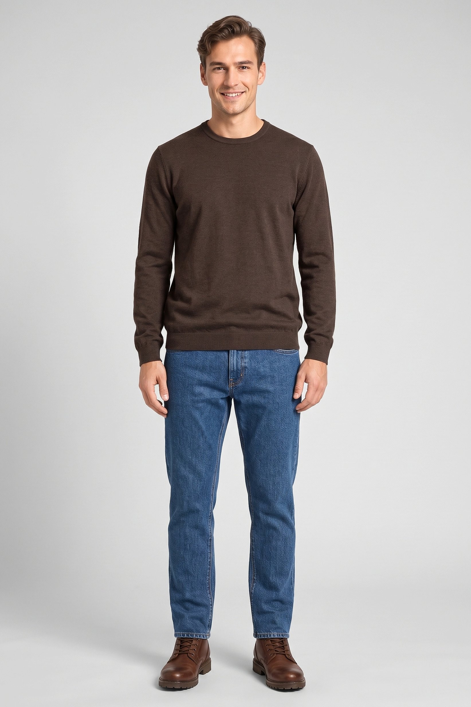 Men Crew Neck Knitted Sweater, Chocolate Brown