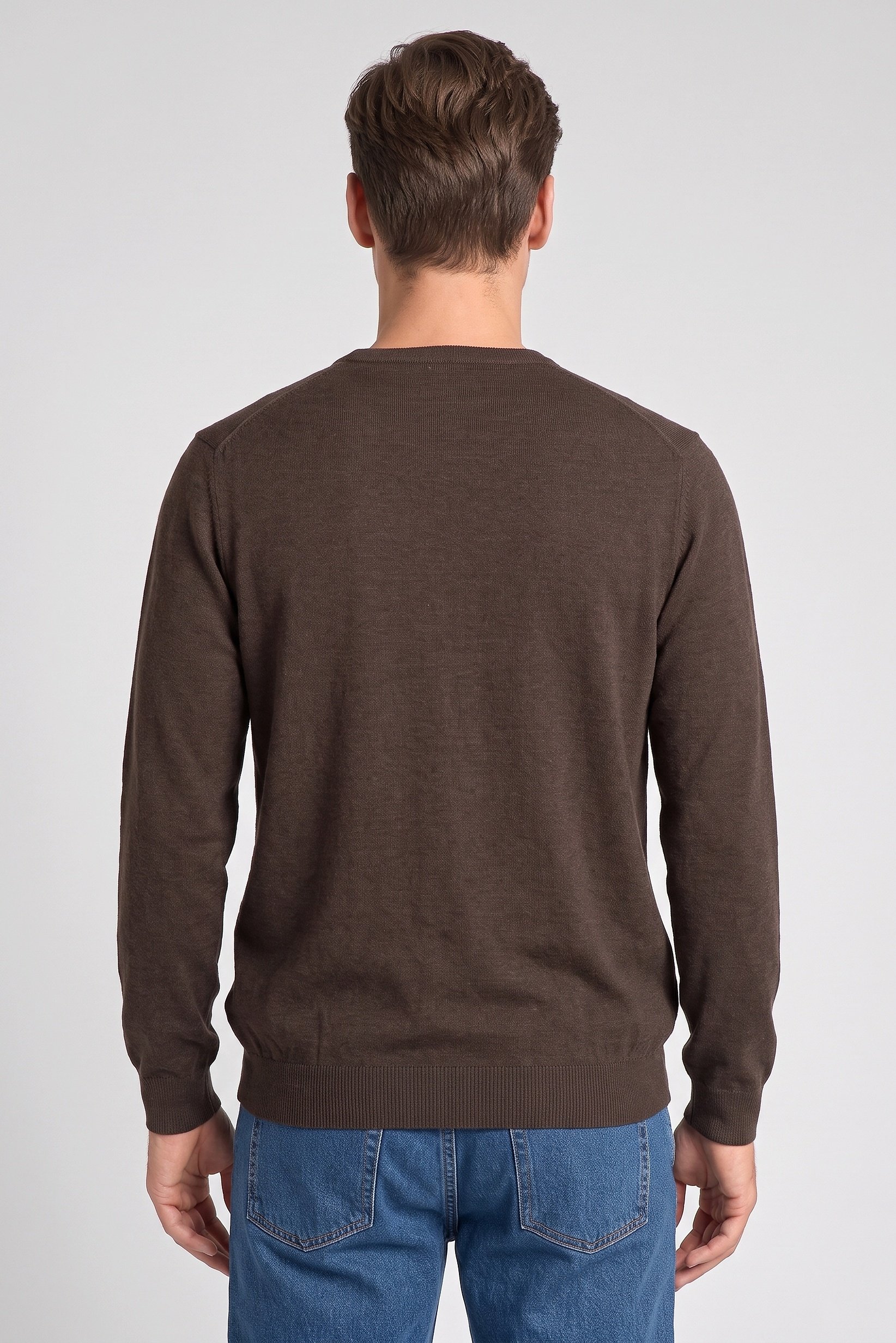 Men Crew Neck Knitted Sweater, Chocolate Brown