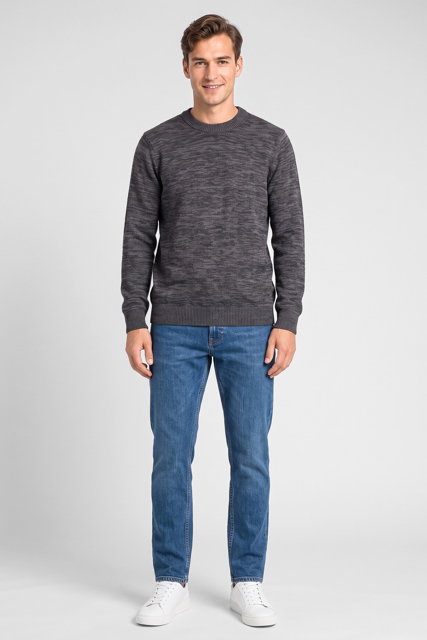 Men Crew Neck Knitted Sweater, Dark Grey