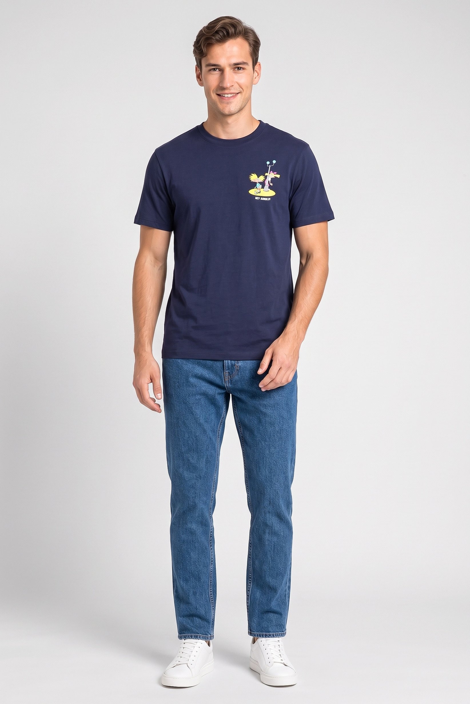 Men Crew Neck Short Sleeve Graphic Print T-Shirt, Navy
