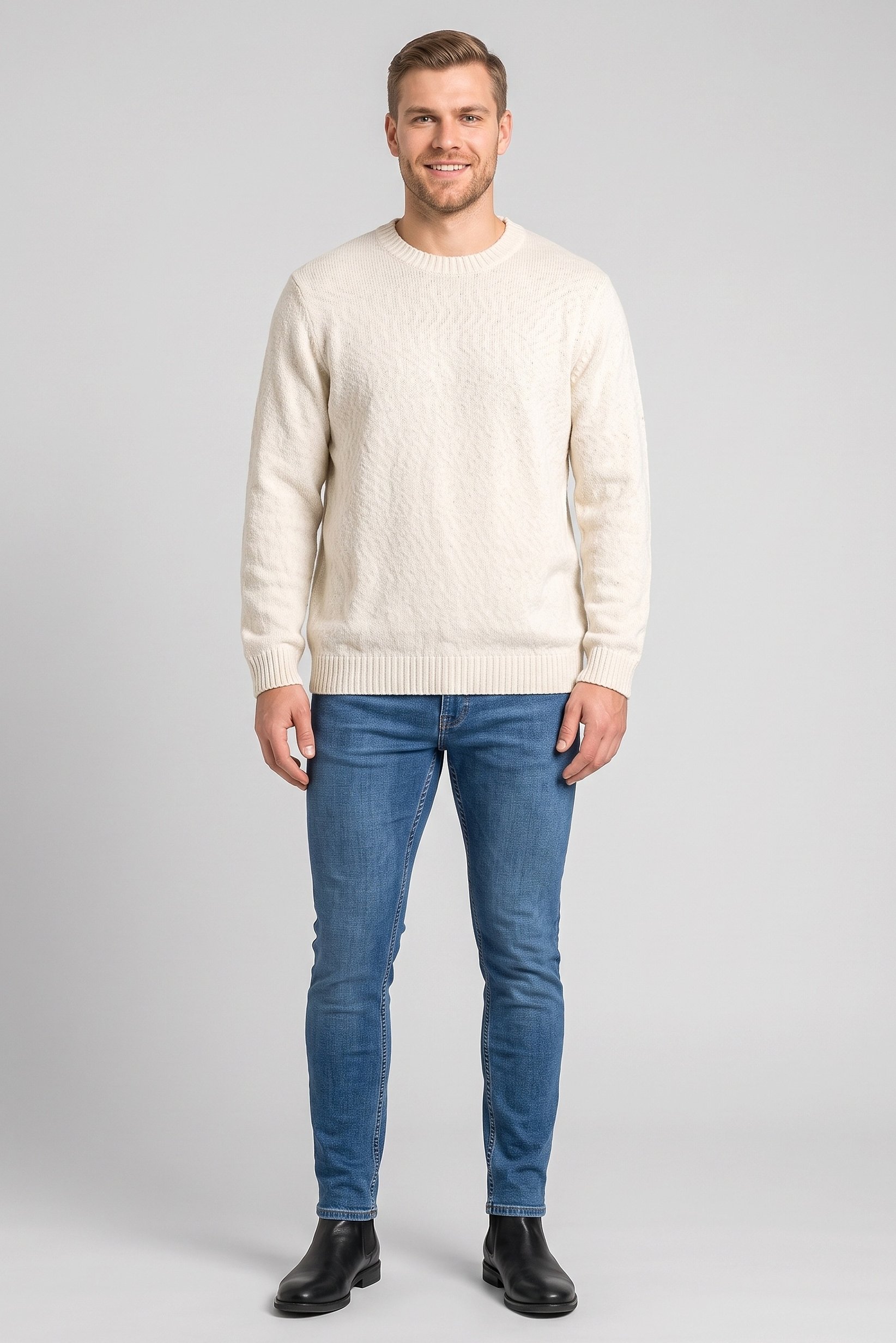 Men Crew Neck Long Sleeve Knitted Sweater, Cream