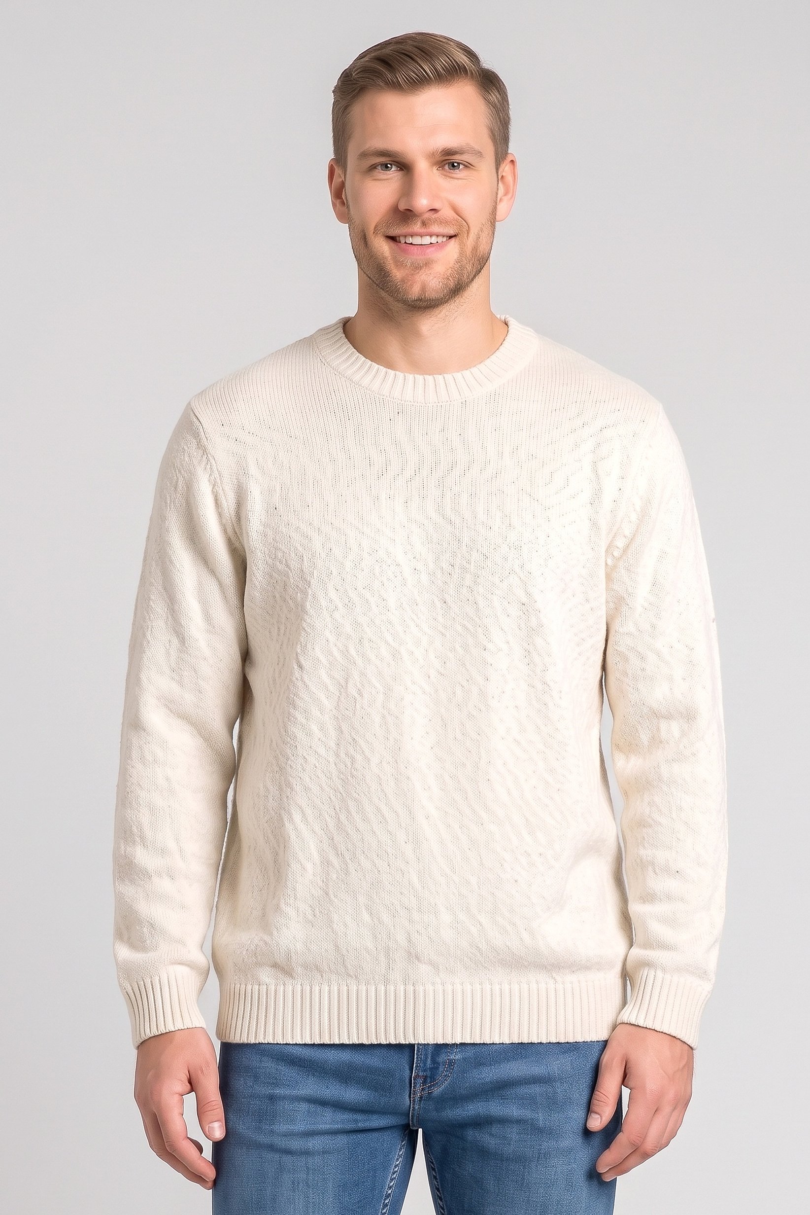 Men Crew Neck Long Sleeve Knitted Sweater, Cream